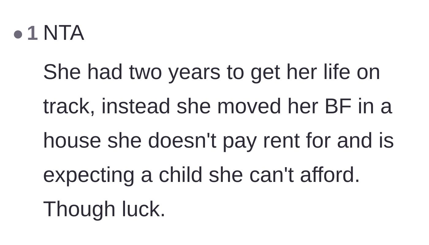 Comment thread 2 - A user pointing out that the ex-wife had two years to establish independence but chose not to.