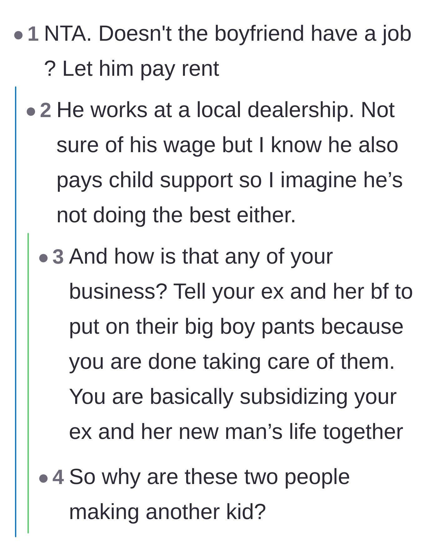 Comment thread 3 - A deep dive into the ex-wife's poor financial planning and the new boyfriend's failure to provide.
