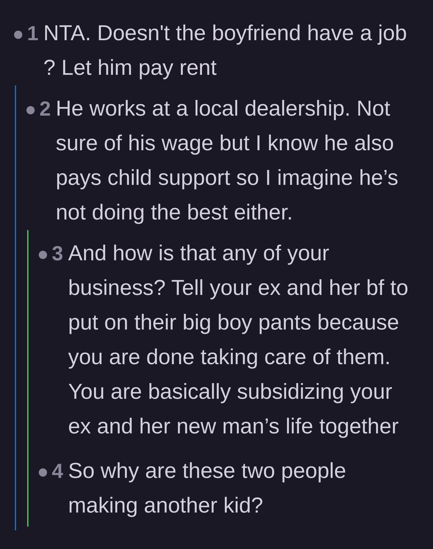 Comment thread 3 - A deep dive into the ex-wife's poor financial planning and the new boyfriend's failure to provide.