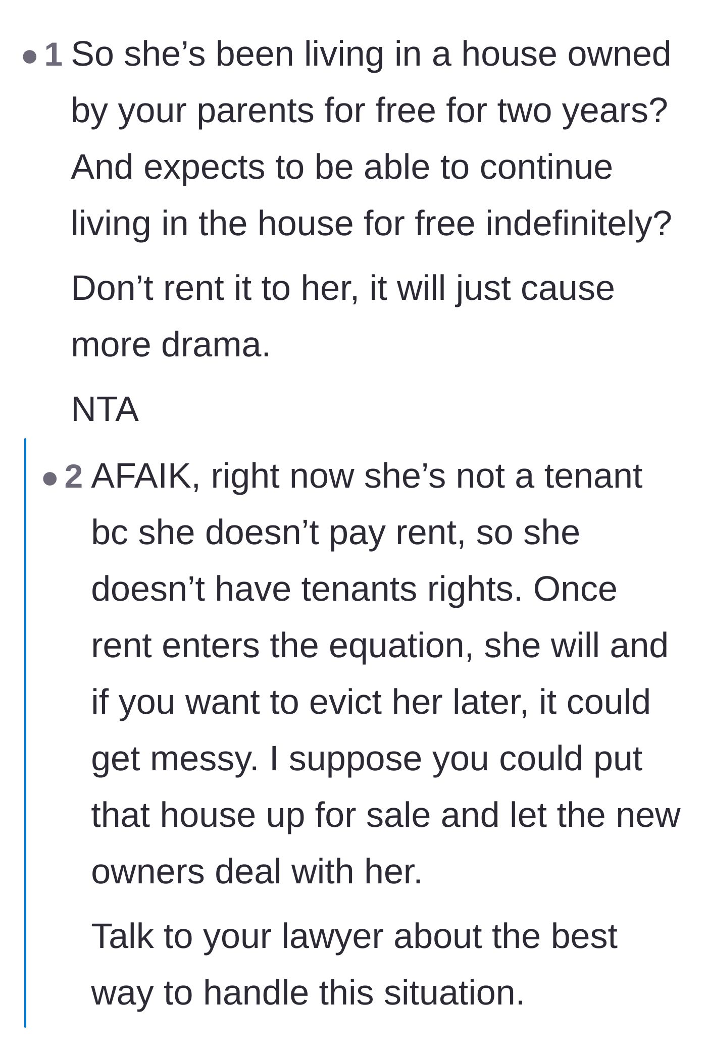 Comment thread 4 - A debate on tenant rights and whether establishing a formal lease would make evicting the ex-wife even harder.