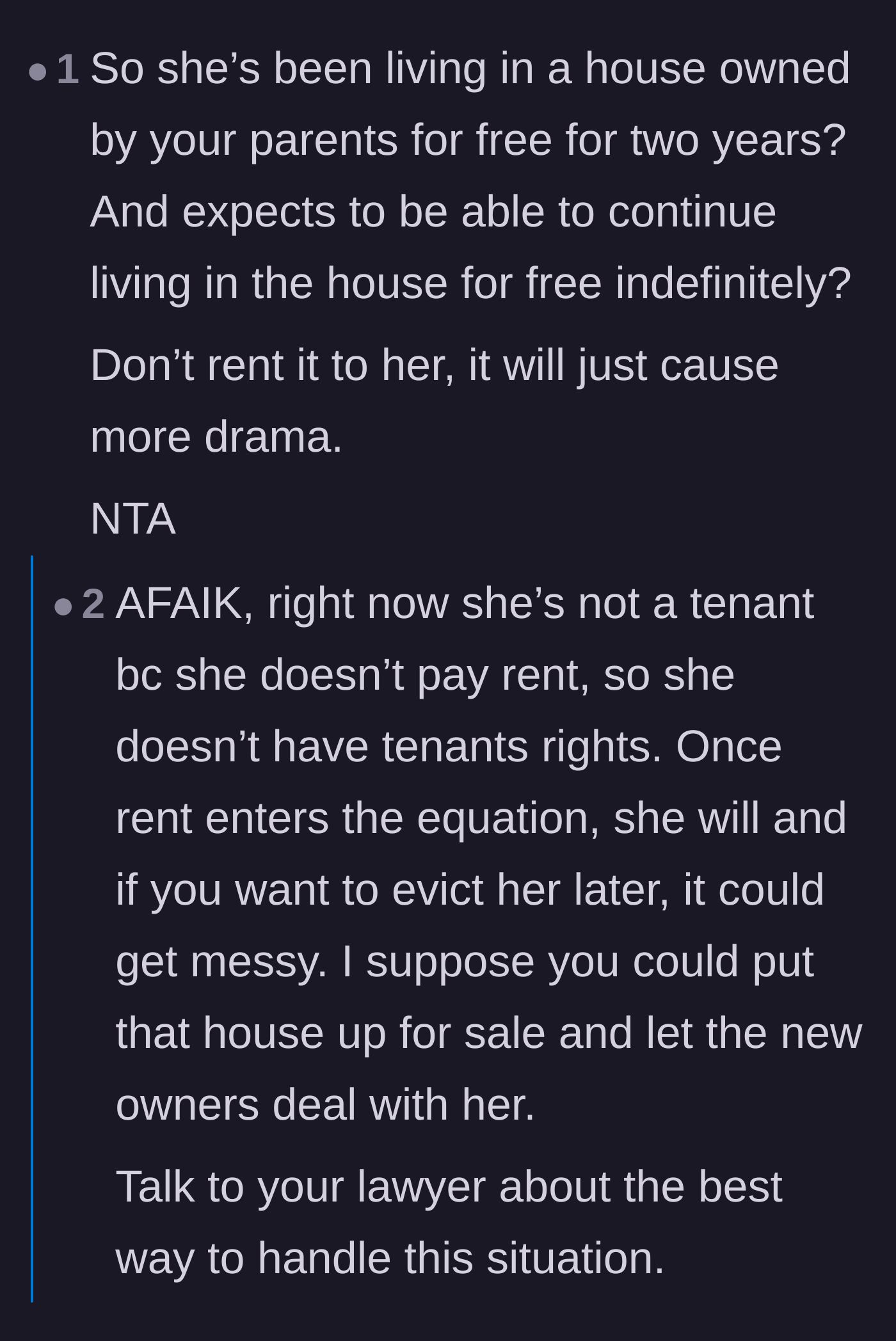 Comment thread 4 - A debate on tenant rights and whether establishing a formal lease would make evicting the ex-wife even harder.