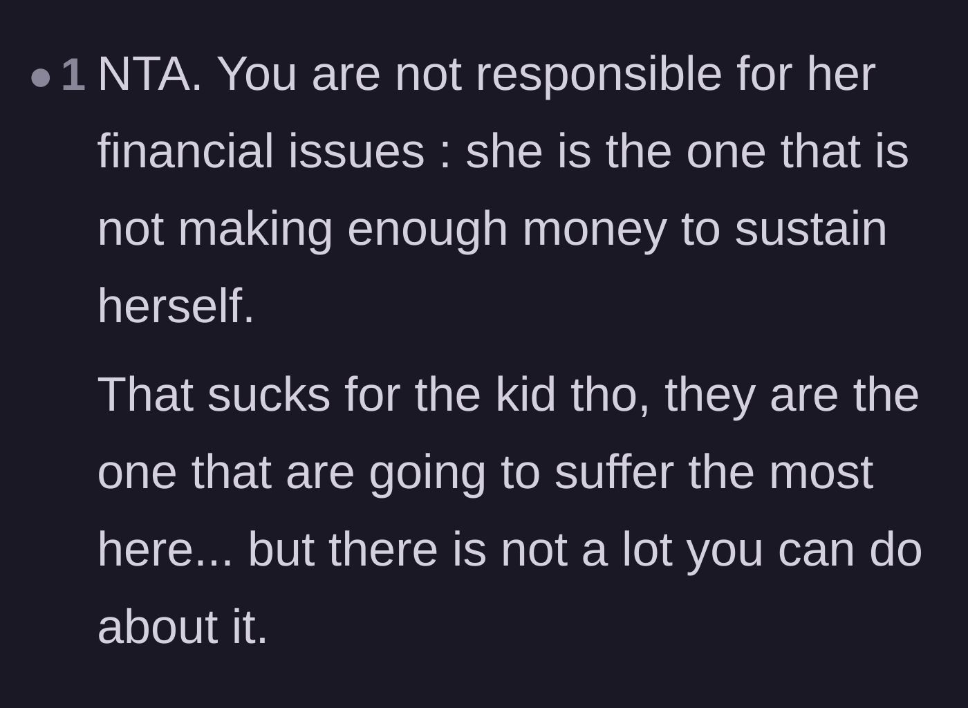 Comment thread 5 - A brief comment absolving the author of his ex-wife's financial problems while sympathizing with the children.