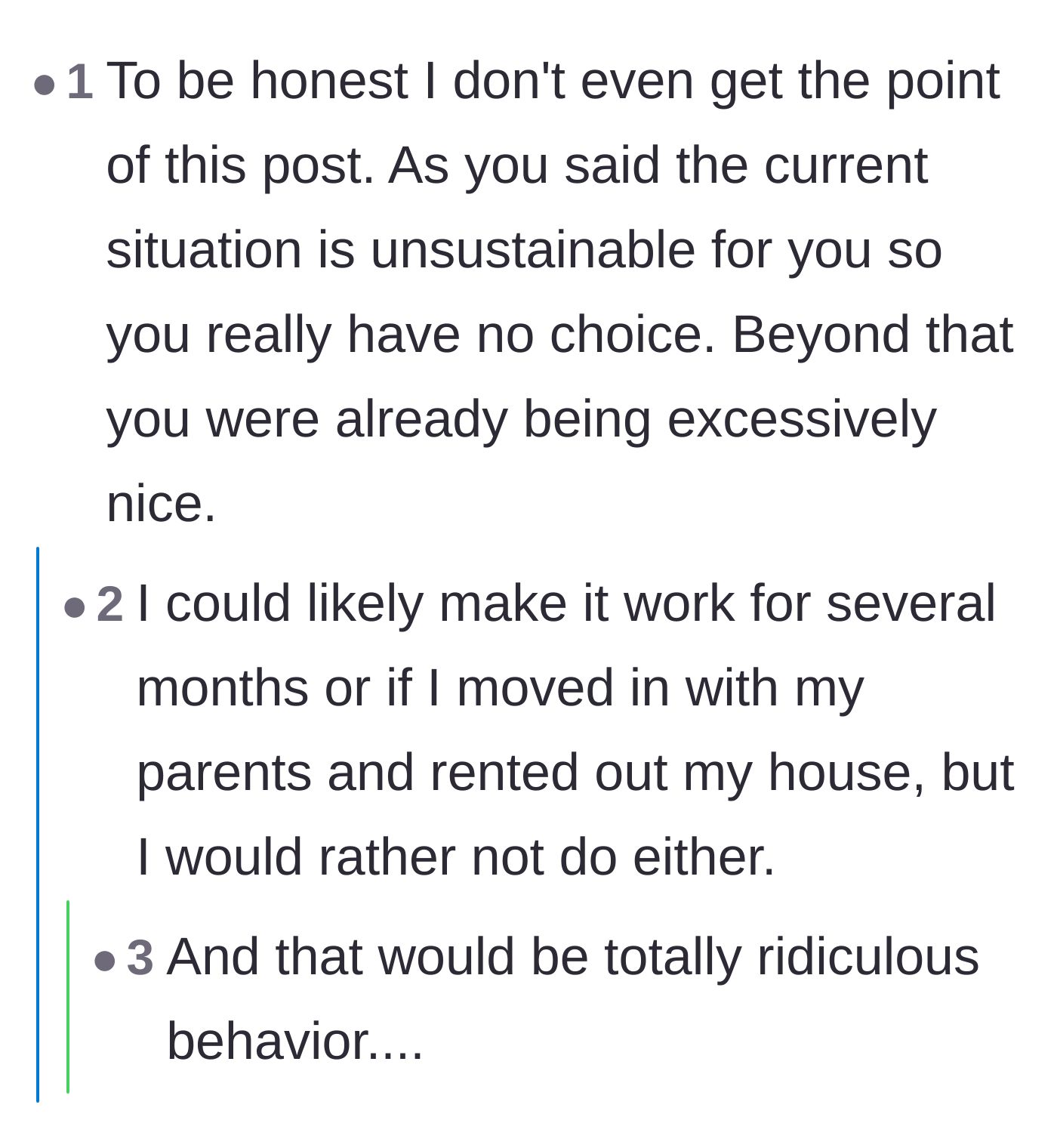 Comment thread 6 - A numbered recap of the ex-wife's egregious behavior in response to the author considering moving back in with his parents to afford everything.