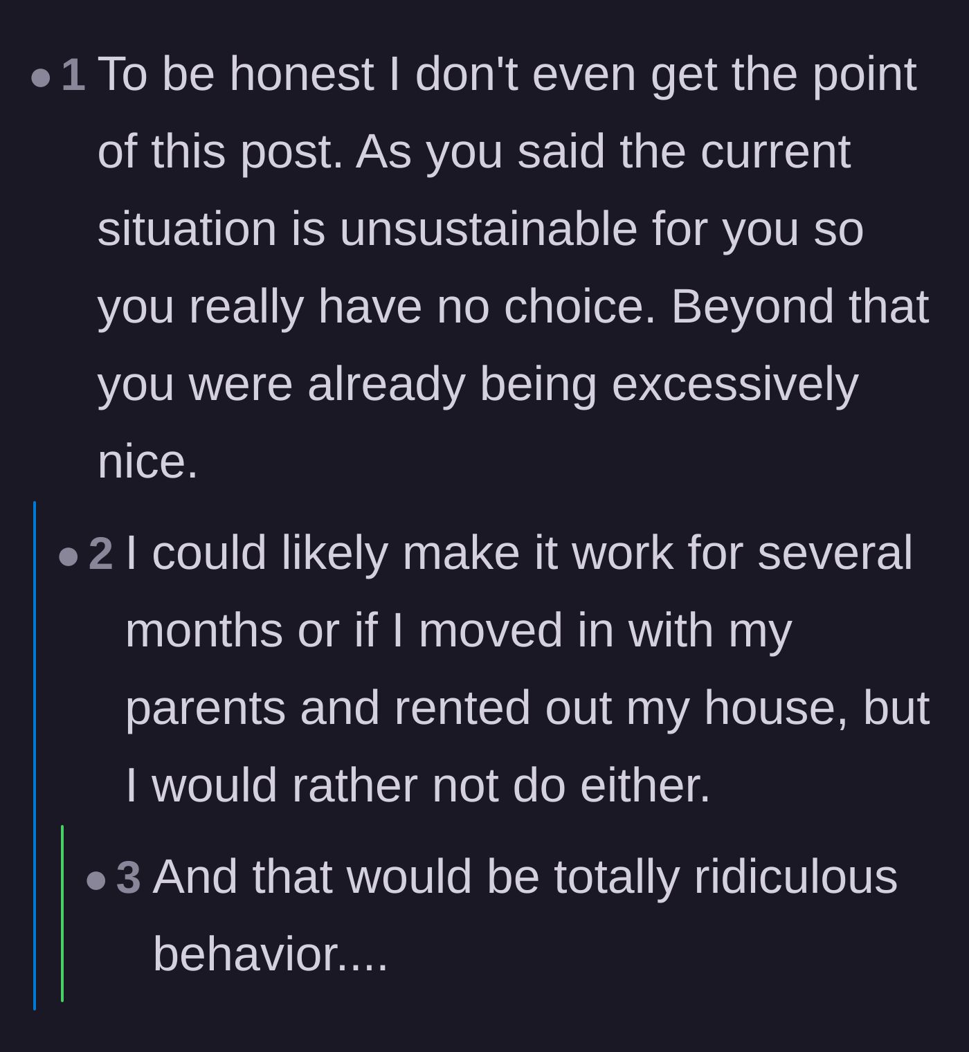 Comment thread 6 - A numbered recap of the ex-wife's egregious behavior in response to the author considering moving back in with his parents to afford everything.