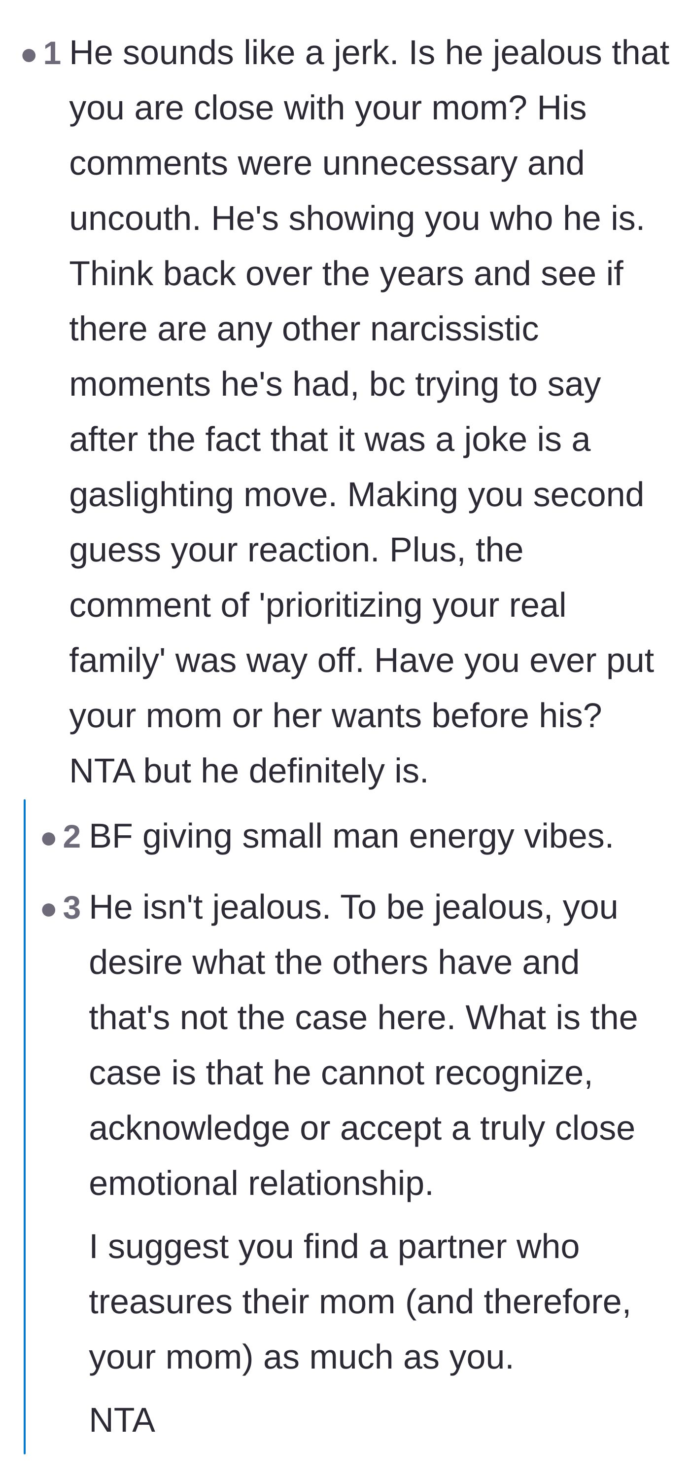 Comment thread 1 - Discussion on the boyfriend's isolation tactics, covert narcissism, and inability to handle healthy emotional bonds.