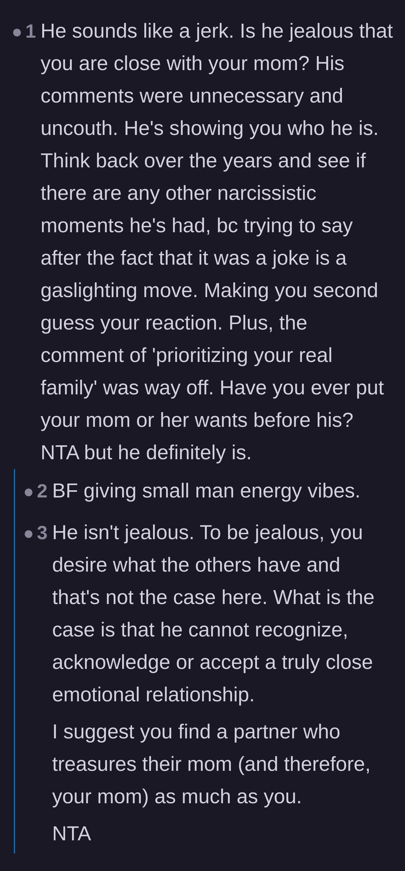 Comment thread 1 - Discussion on the boyfriend's isolation tactics, covert narcissism, and inability to handle healthy emotional bonds.