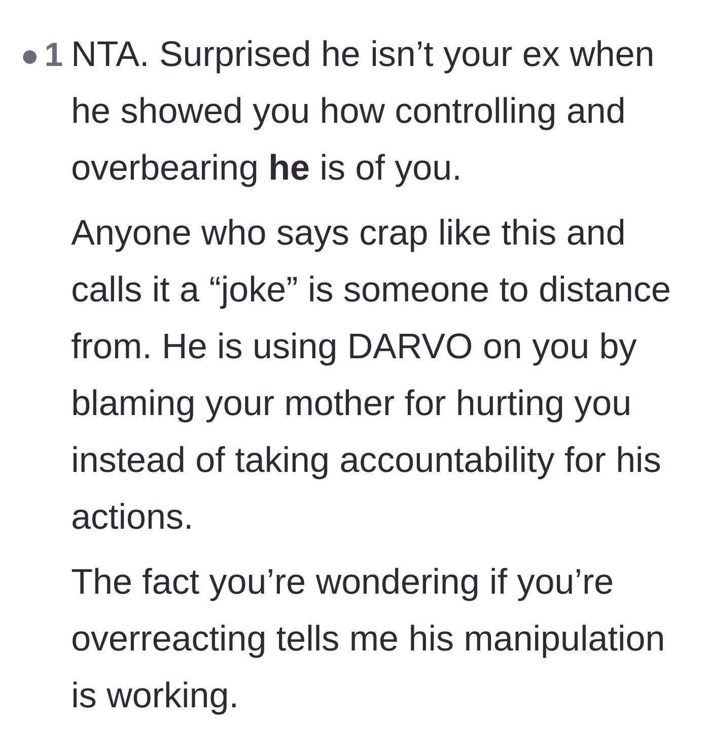 Comment thread 2 - Identifying the boyfriend's use of DARVO manipulation and pointing out how his tactics are actively causing her self-doubt.
