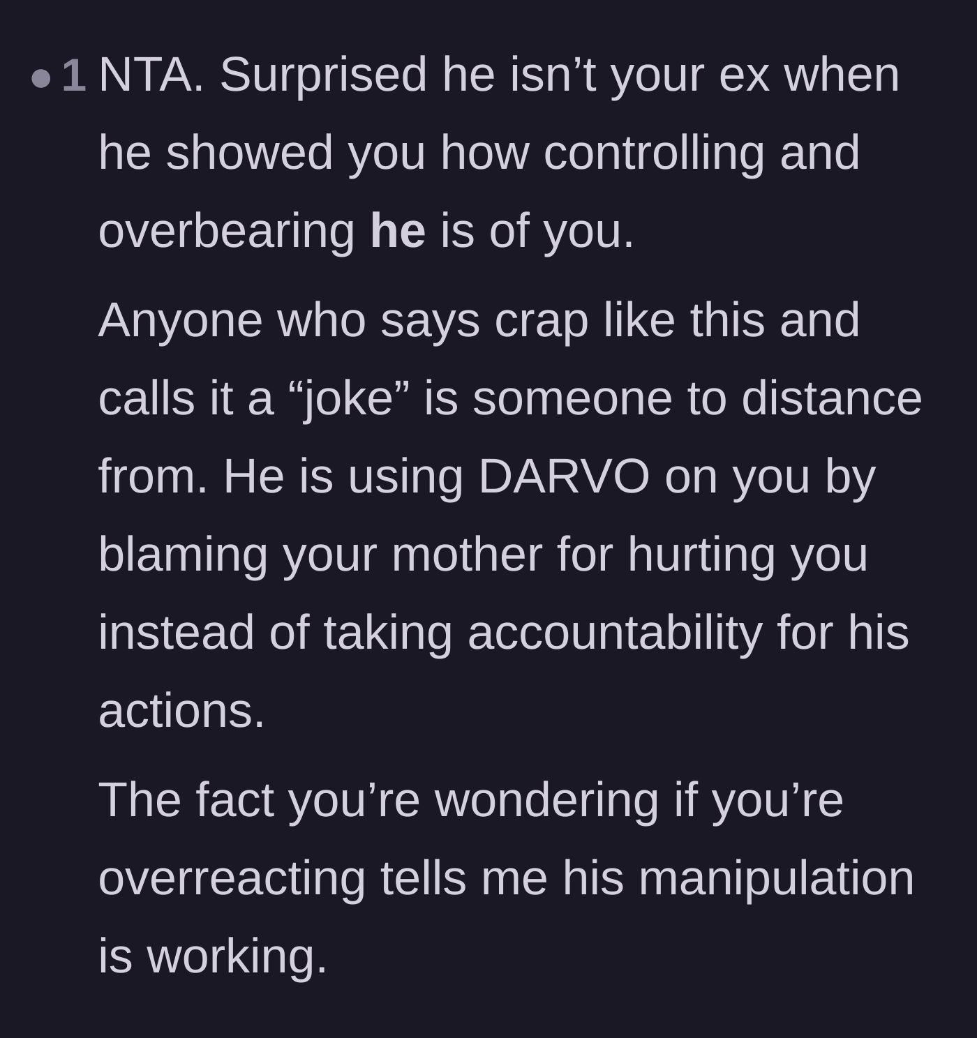 Comment thread 2 - Identifying the boyfriend's use of DARVO manipulation and pointing out how his tactics are actively causing her self-doubt.
