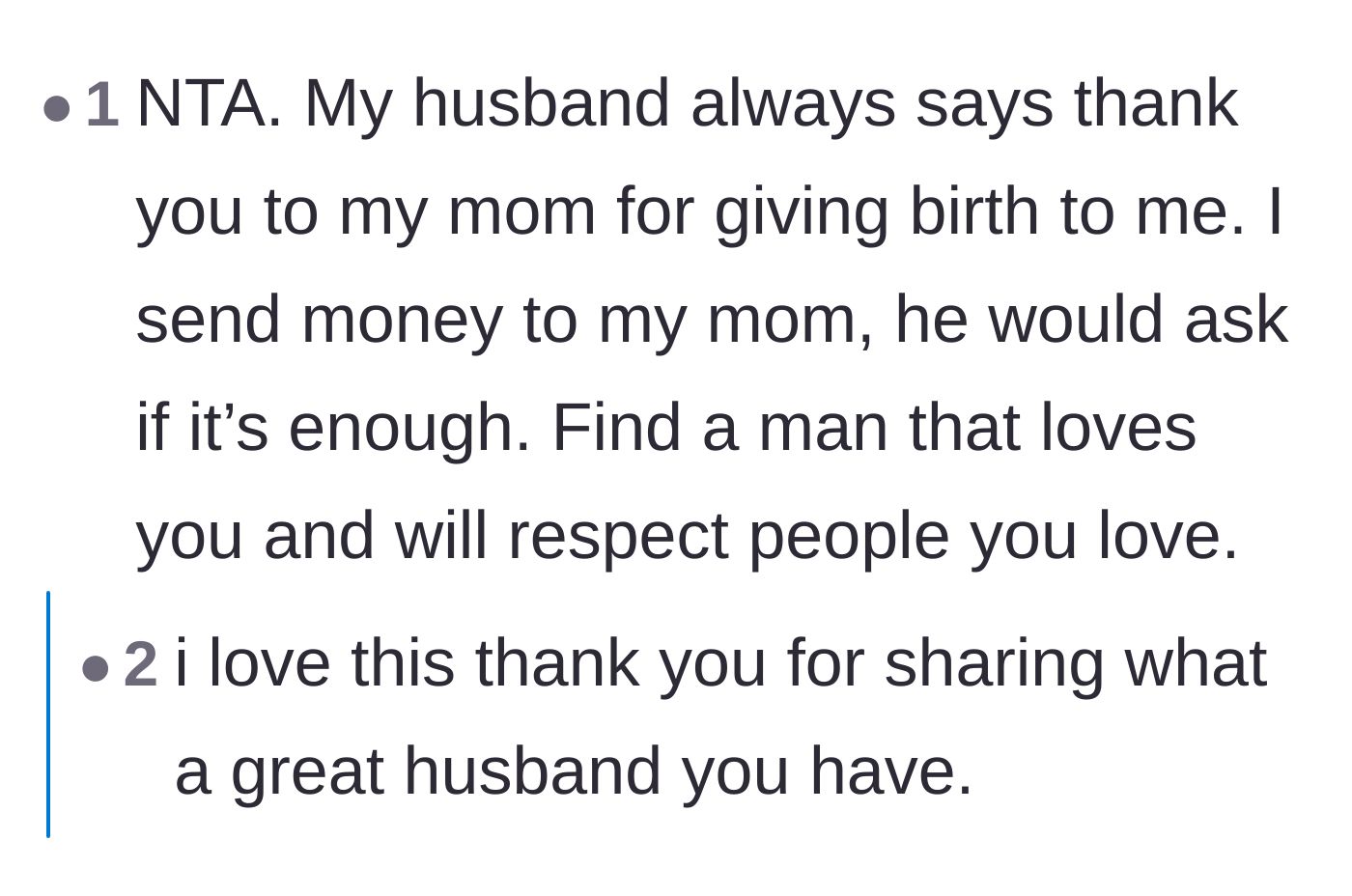 Comment thread 3 - A reader sharing an anecdote about their own supportive husband to demonstrate what a healthy, respectful dynamic looks like.