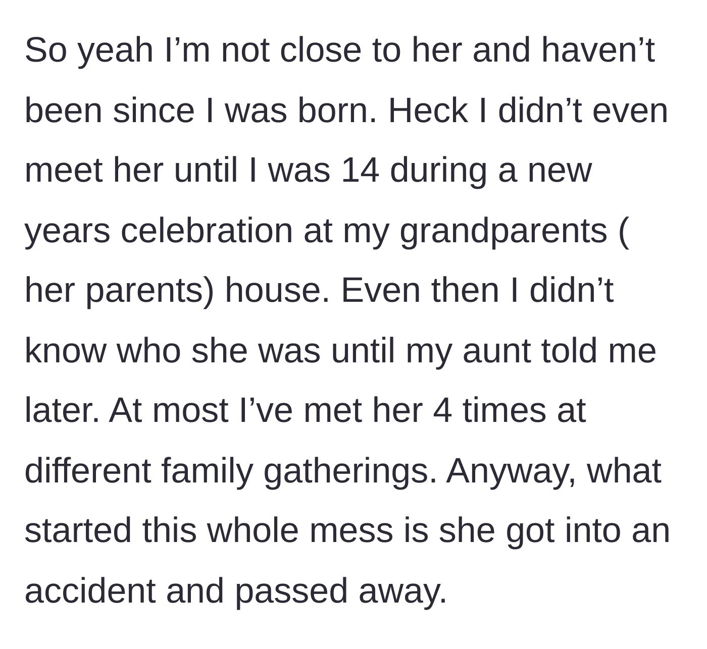 Story part 2 - Our girl meets Stacy only a handful of times as a stranger before Stacy suddenly dies in an accident.