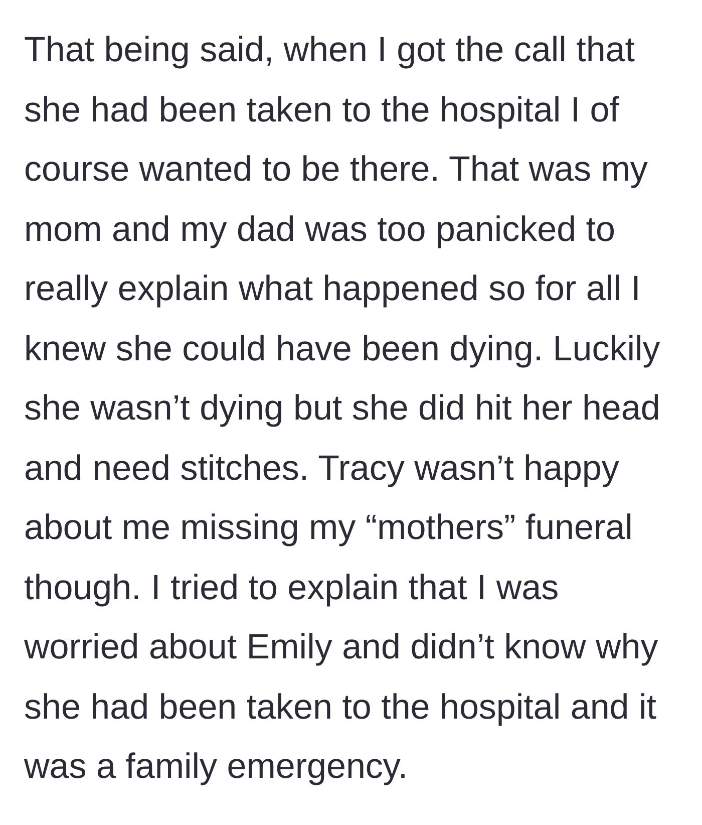 Story part 5 - She rushes to the hospital for Emily, who is okay, but faces severe backlash from her grandmother.