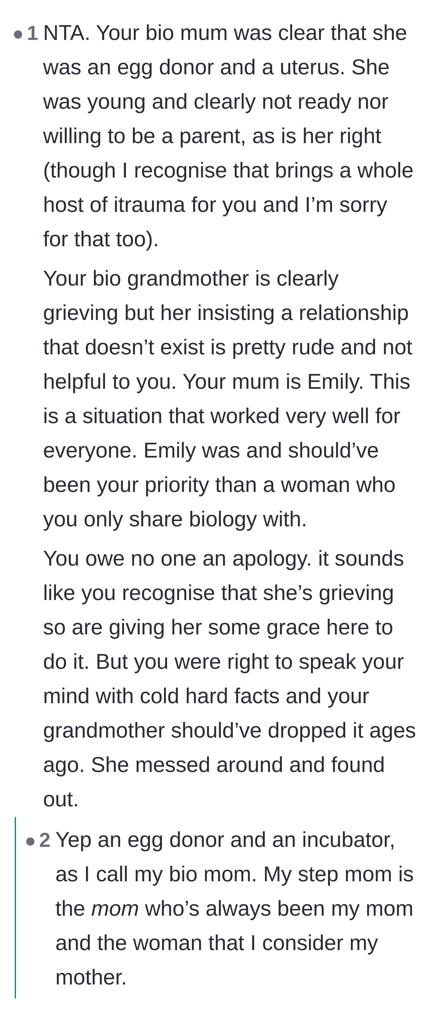 Comment thread 2 - Readers label the biological mother a mere egg donor and defend the main character for prioritizing her real mom.