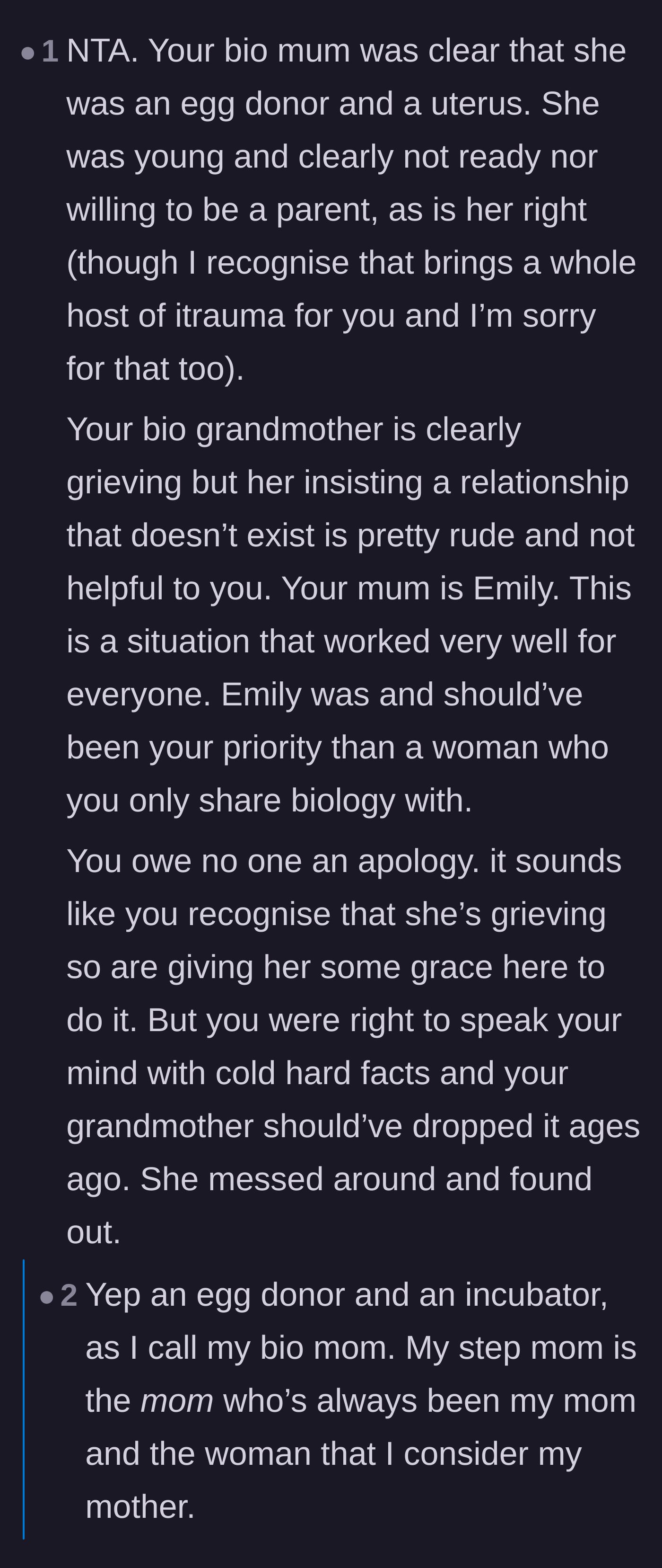 Comment thread 2 - Readers label the biological mother a mere egg donor and defend the main character for prioritizing her real mom.