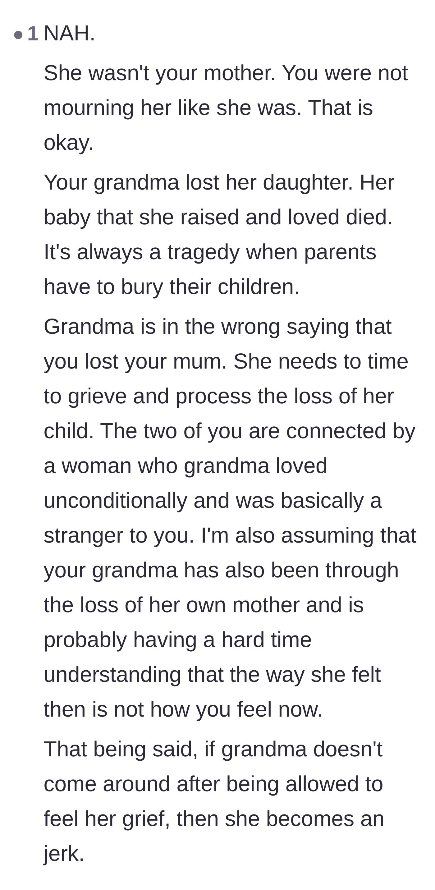 Comment thread 3 - A nuanced take explaining that the grandmother is mourning the child she raised, not the mother the main character never had.