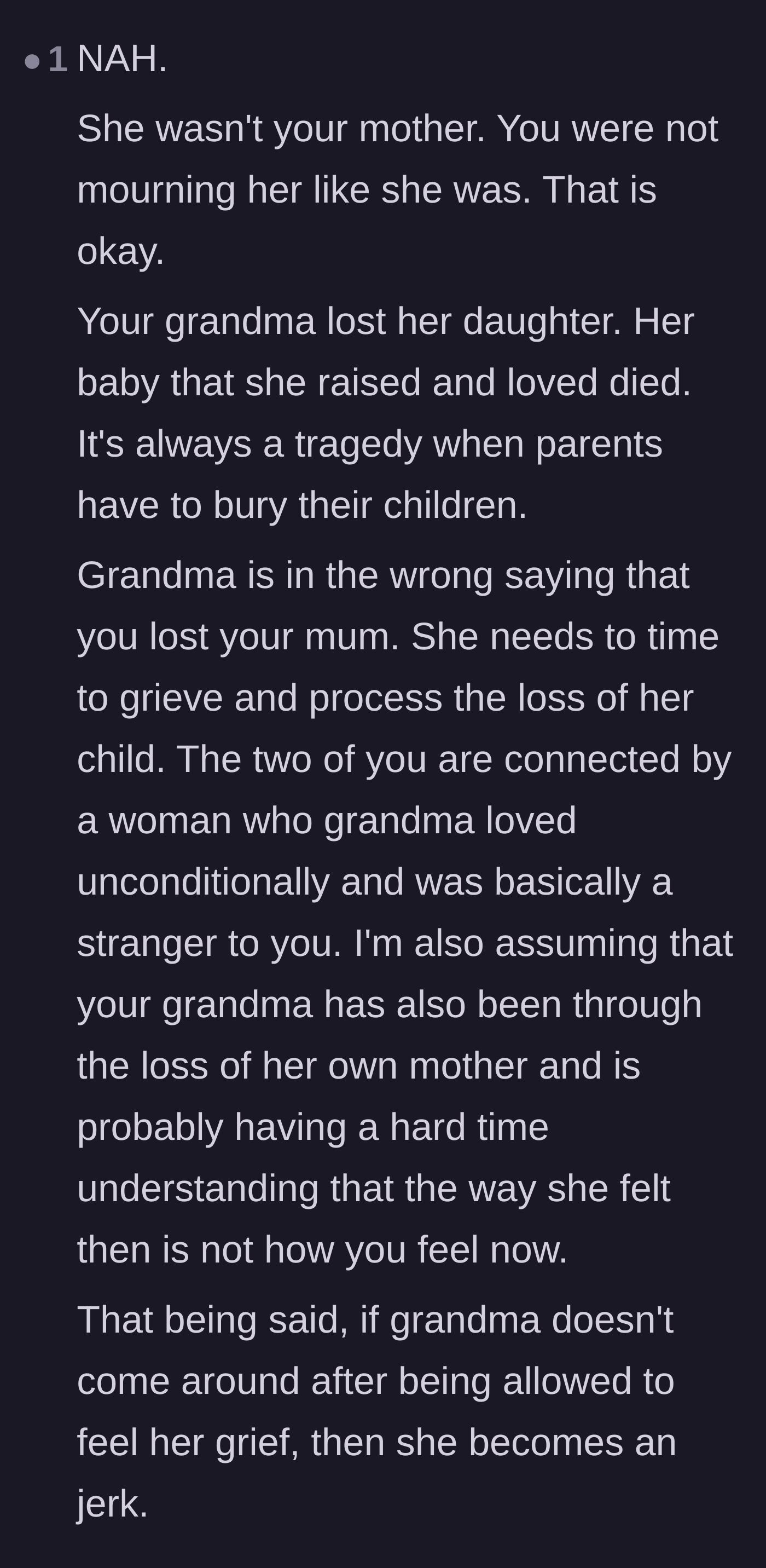 Comment thread 3 - A nuanced take explaining that the grandmother is mourning the child she raised, not the mother the main character never had.