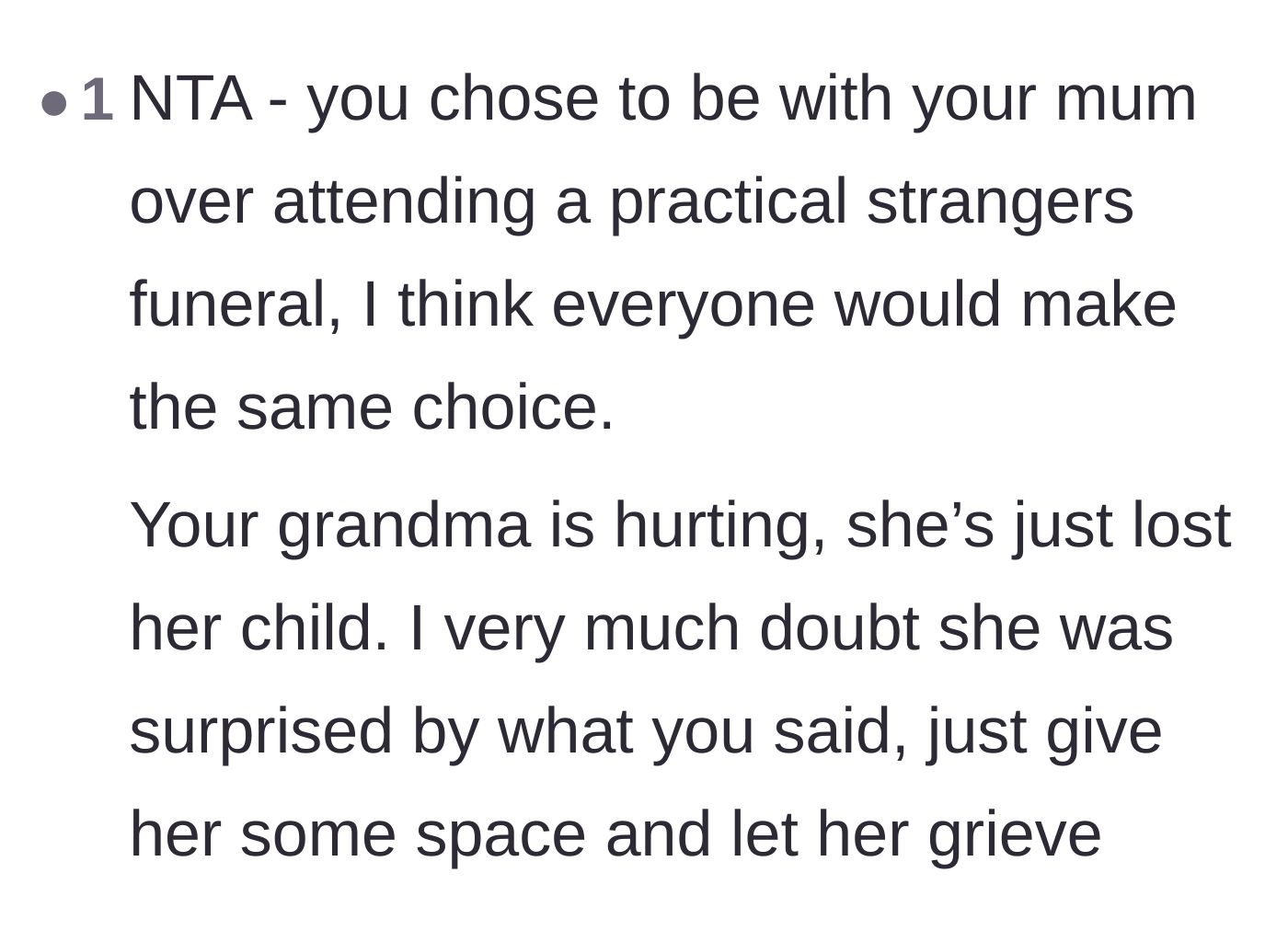 Comment thread 4 - Support for choosing the stepmother who stepped up over attending a stranger's funeral.