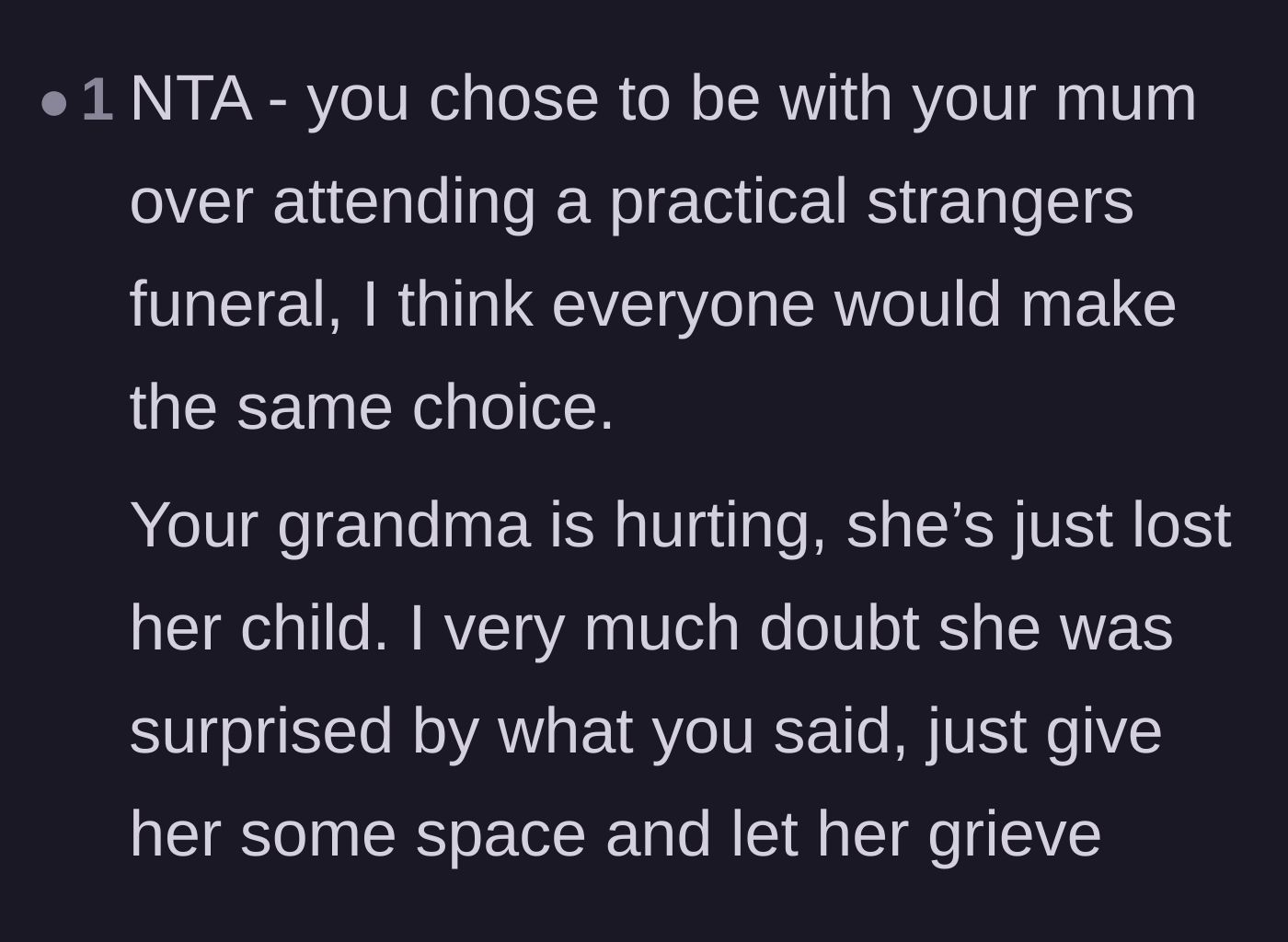 Comment thread 4 - Support for choosing the stepmother who stepped up over attending a stranger's funeral.