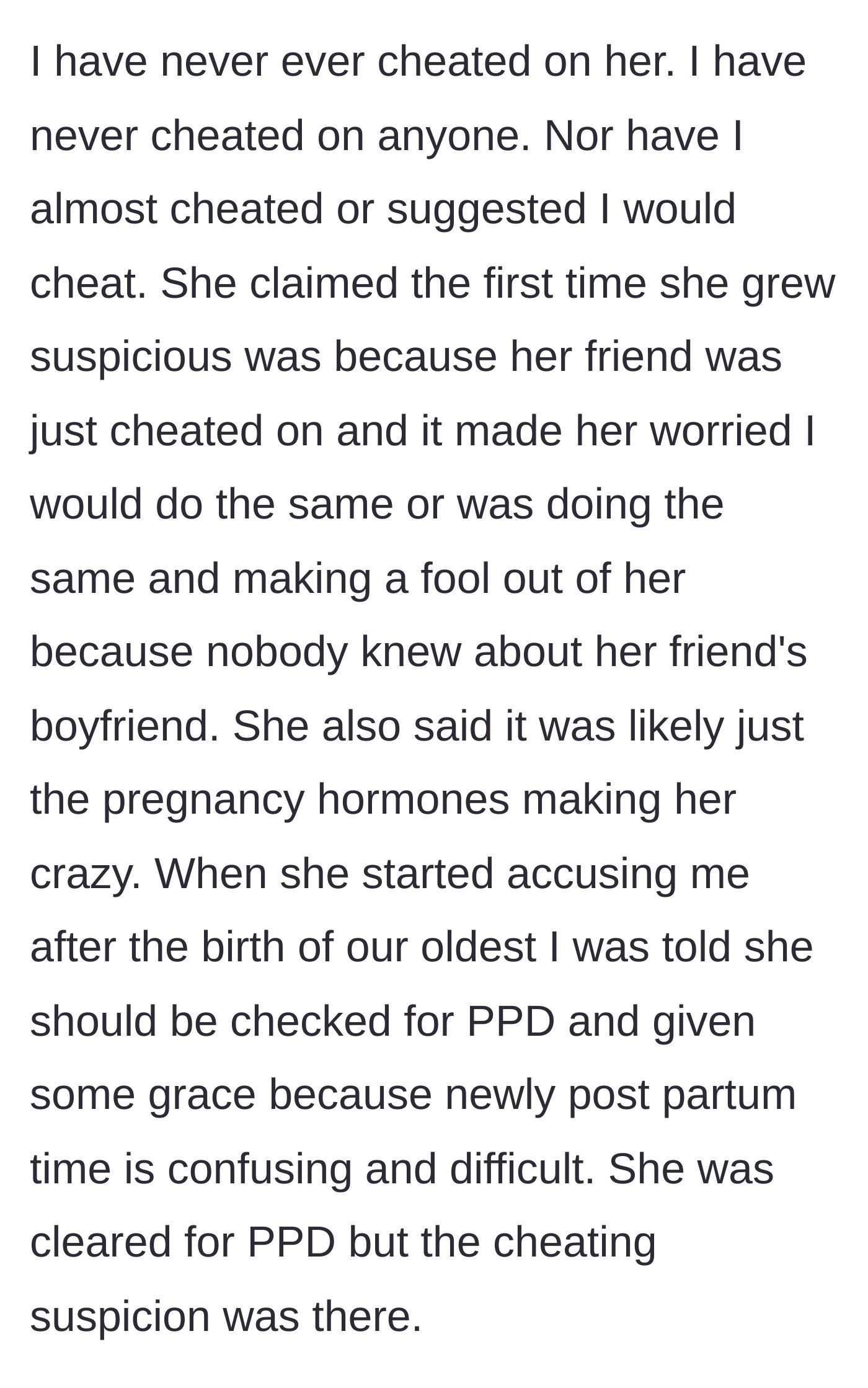 Story part 2 - The husband's defense of his fidelity and the medical clearance of his wife's postpartum depression.