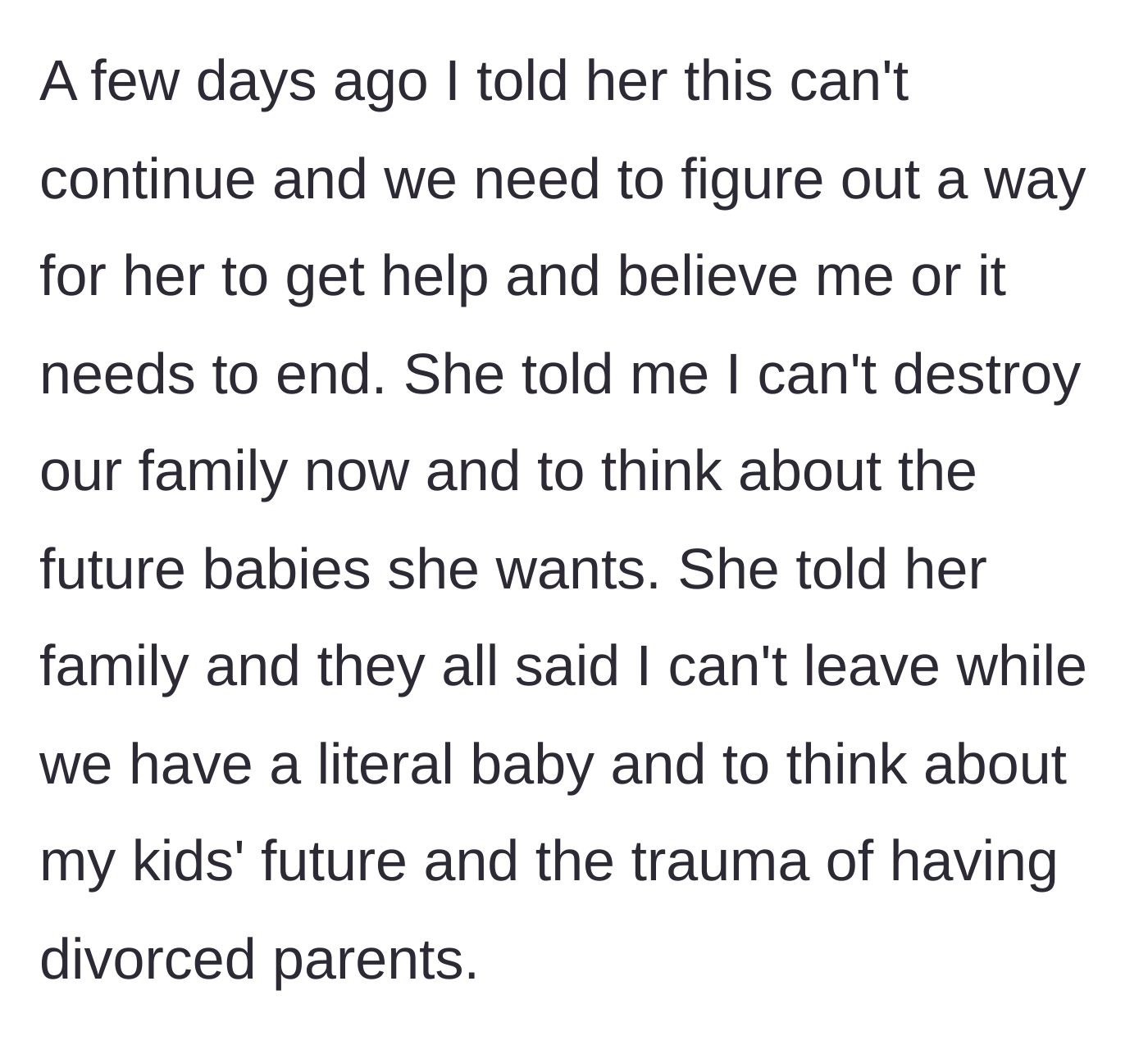 Story part 6 - The confrontation where the husband demands change and the wife and her family use the children as leverage.