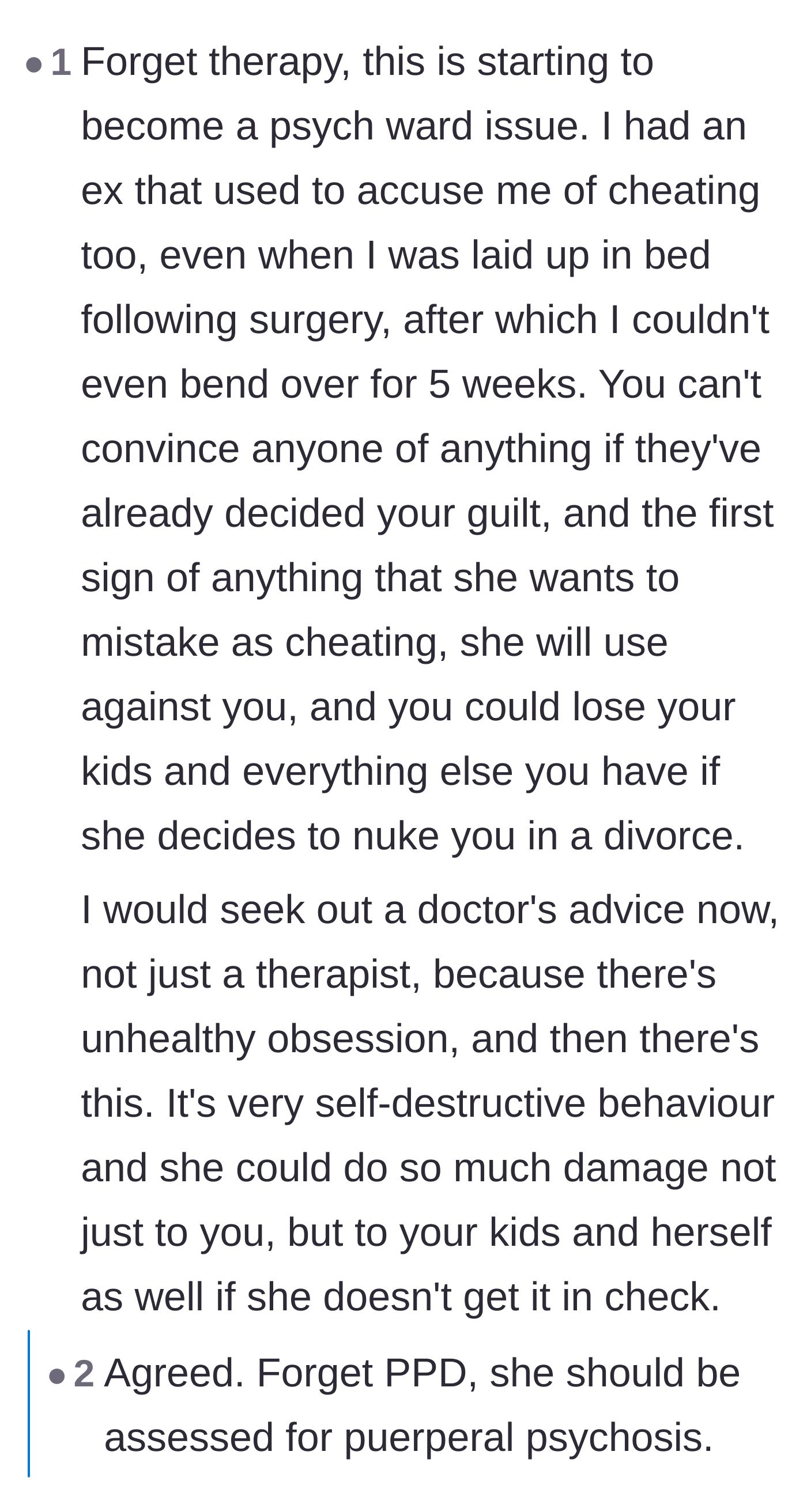 Comment thread 2 - Discussions identifying the wife's behavior as a potential case of severe postpartum psychosis.