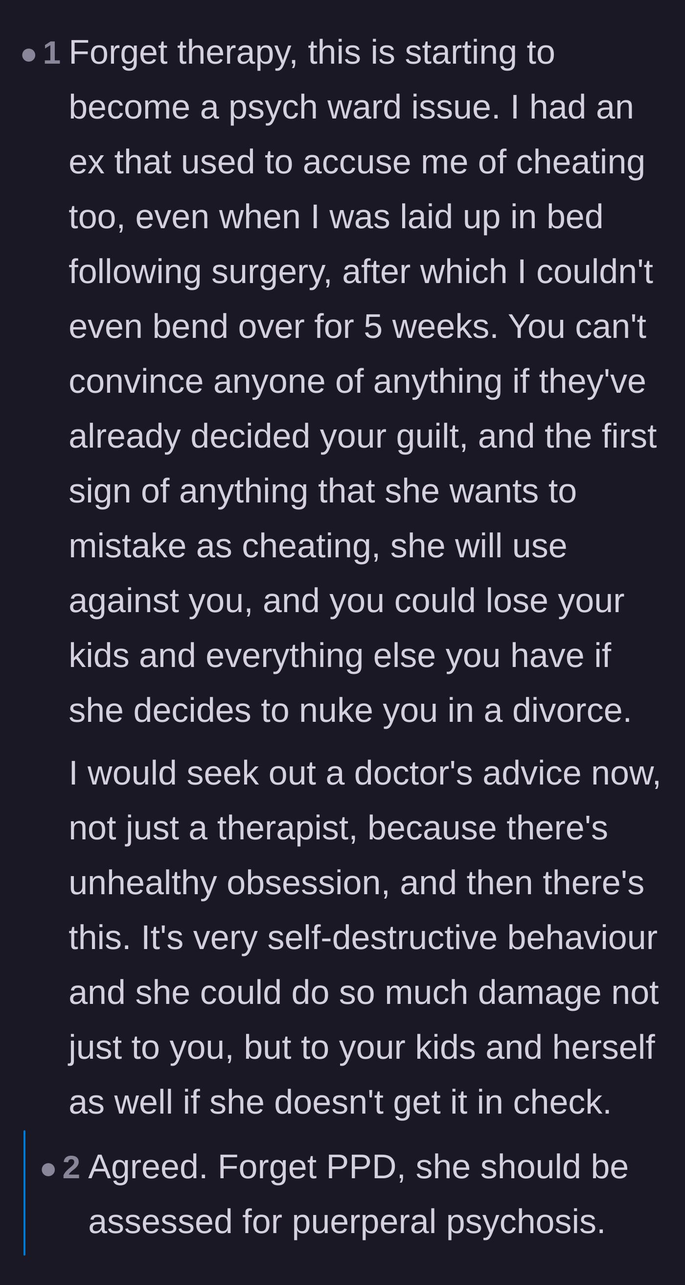 Comment thread 2 - Discussions identifying the wife's behavior as a potential case of severe postpartum psychosis.