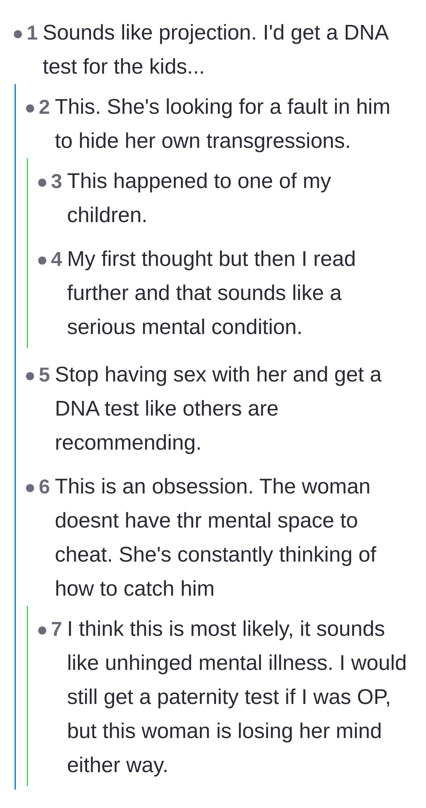 Comment thread 5 - Theories that the wife is projecting her own infidelity and calls for a paternity test.