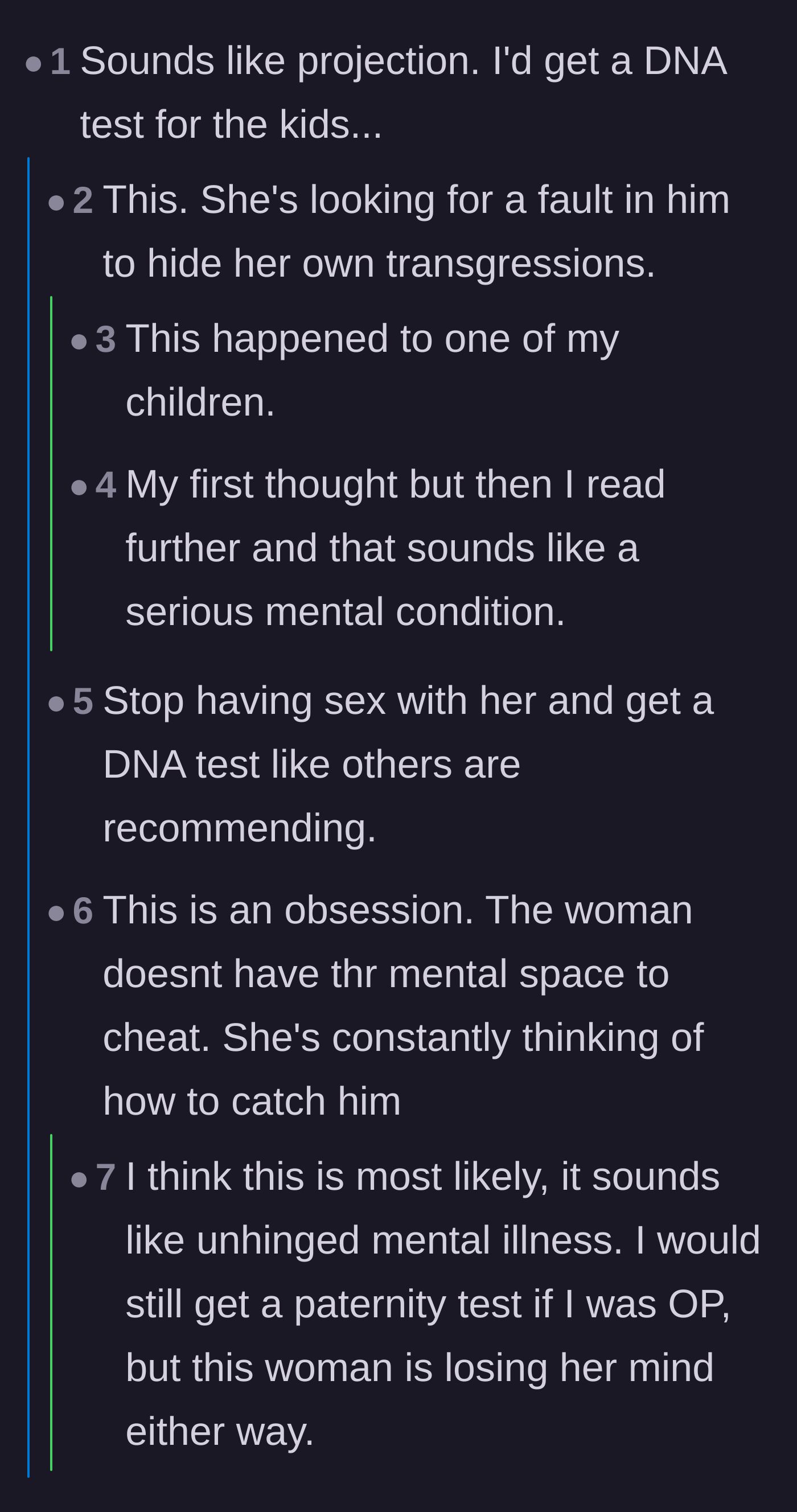 Comment thread 5 - Theories that the wife is projecting her own infidelity and calls for a paternity test.