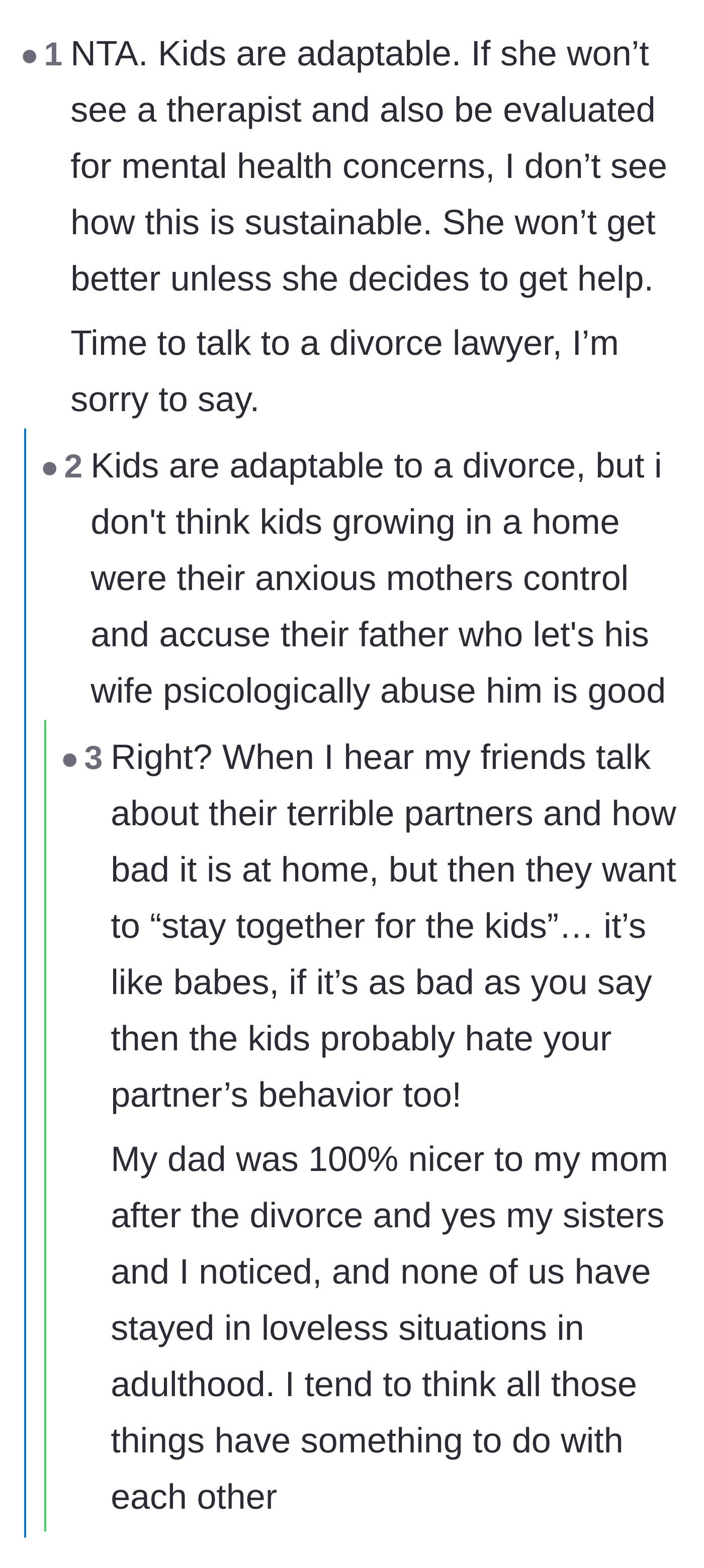 Comment thread 6 - Debate on how children absorb a toxic marriage versus adapting to a healthy divorce.
