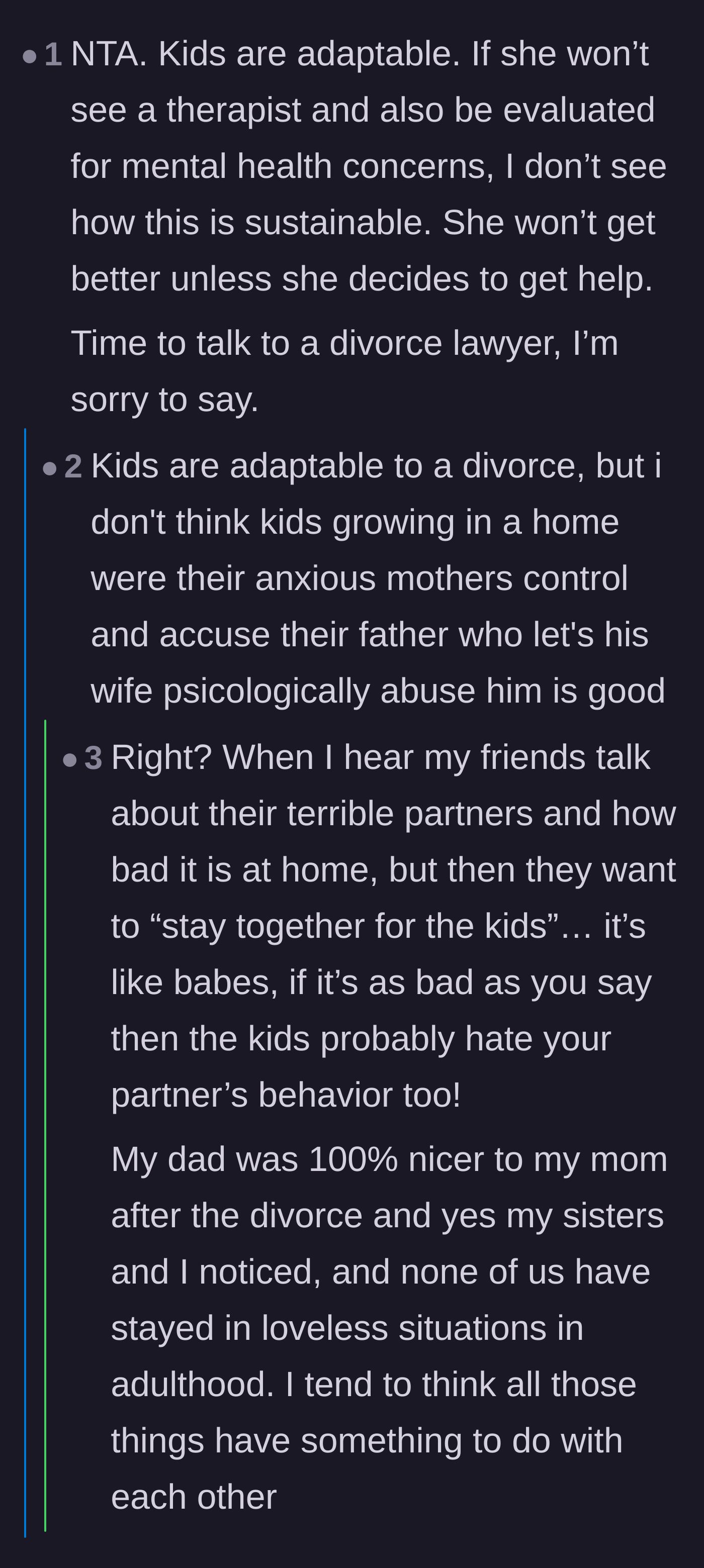 Comment thread 6 - Debate on how children absorb a toxic marriage versus adapting to a healthy divorce.