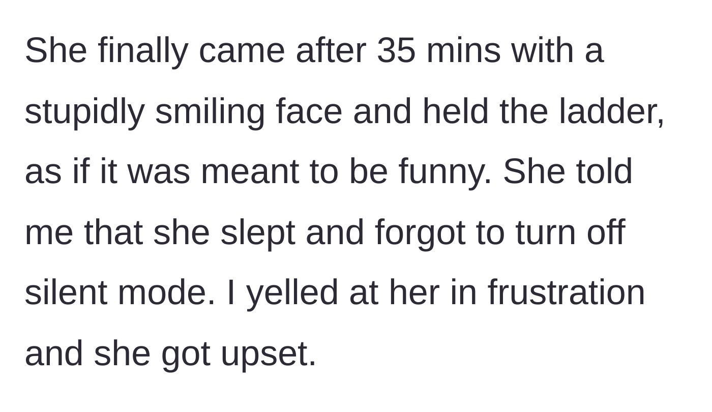 Story part 5 - Wife finally comes out smiling, admitting she fell asleep and forgot to unmute her phone, prompting the husband to yell in frustration.