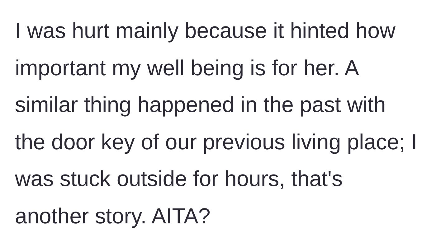 Story part 6 - Husband explains his deep hurt over her lack of care for his well-being, referencing a past incident where she locked him out for hours.