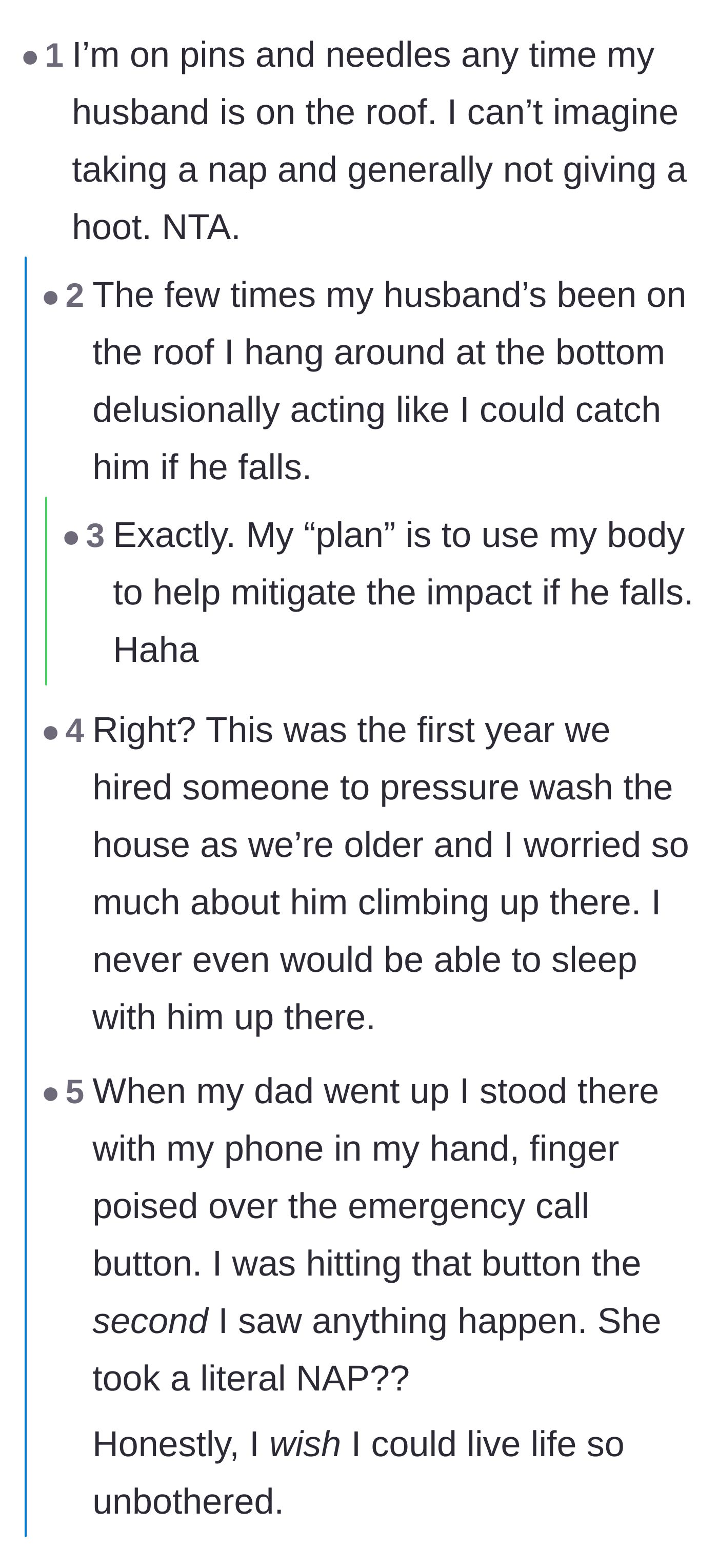 Comment thread 1 - Readers sharing how anxiously they watch over their spouses while they work on the roof.
