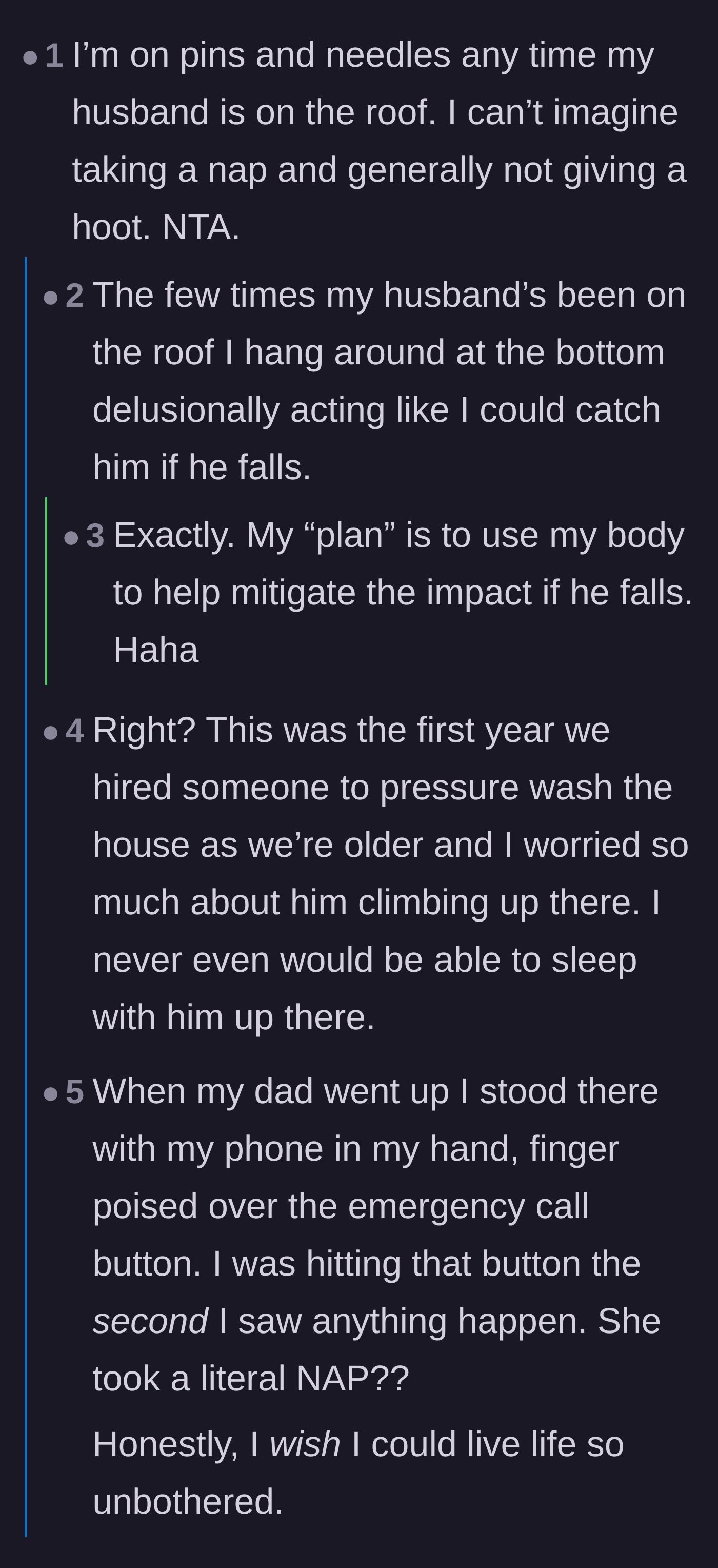 Comment thread 1 - Readers sharing how anxiously they watch over their spouses while they work on the roof.