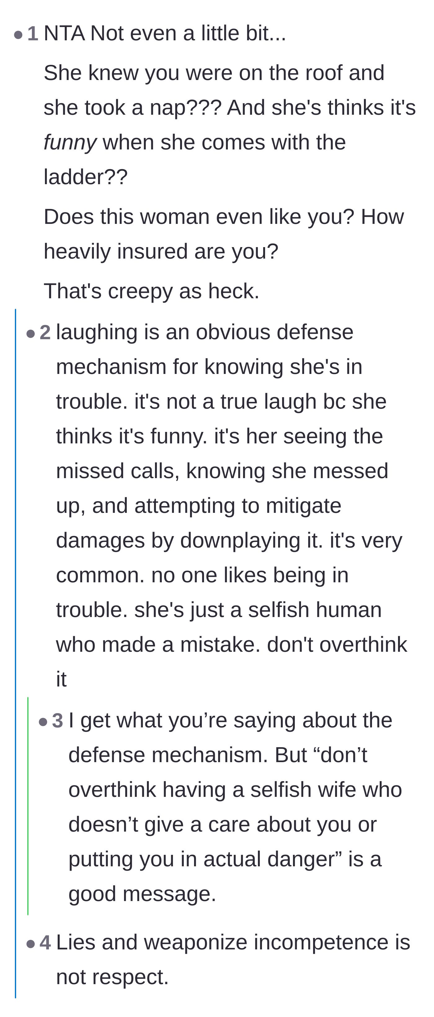 Comment thread 2 - A debate on whether the wife's laughter was a nervous defense mechanism or a sign of utter disregard.