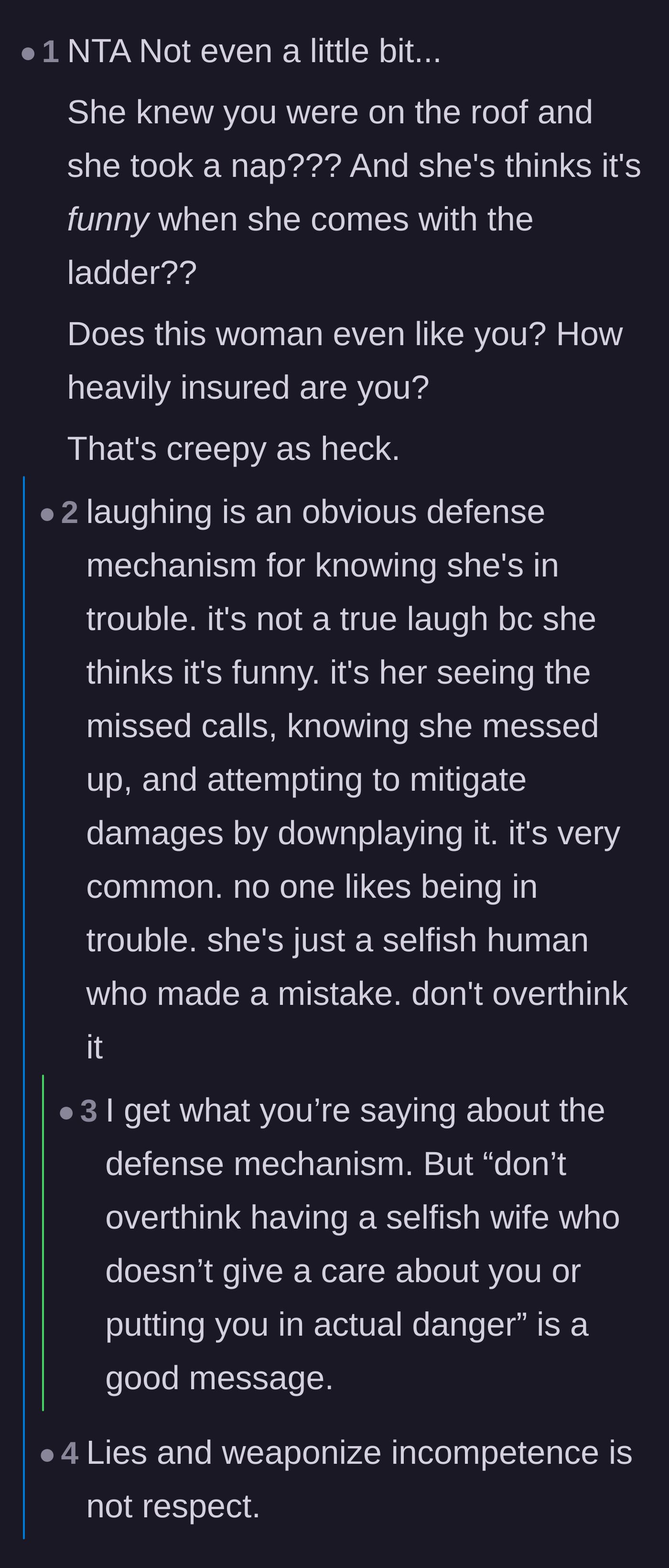 Comment thread 2 - A debate on whether the wife's laughter was a nervous defense mechanism or a sign of utter disregard.