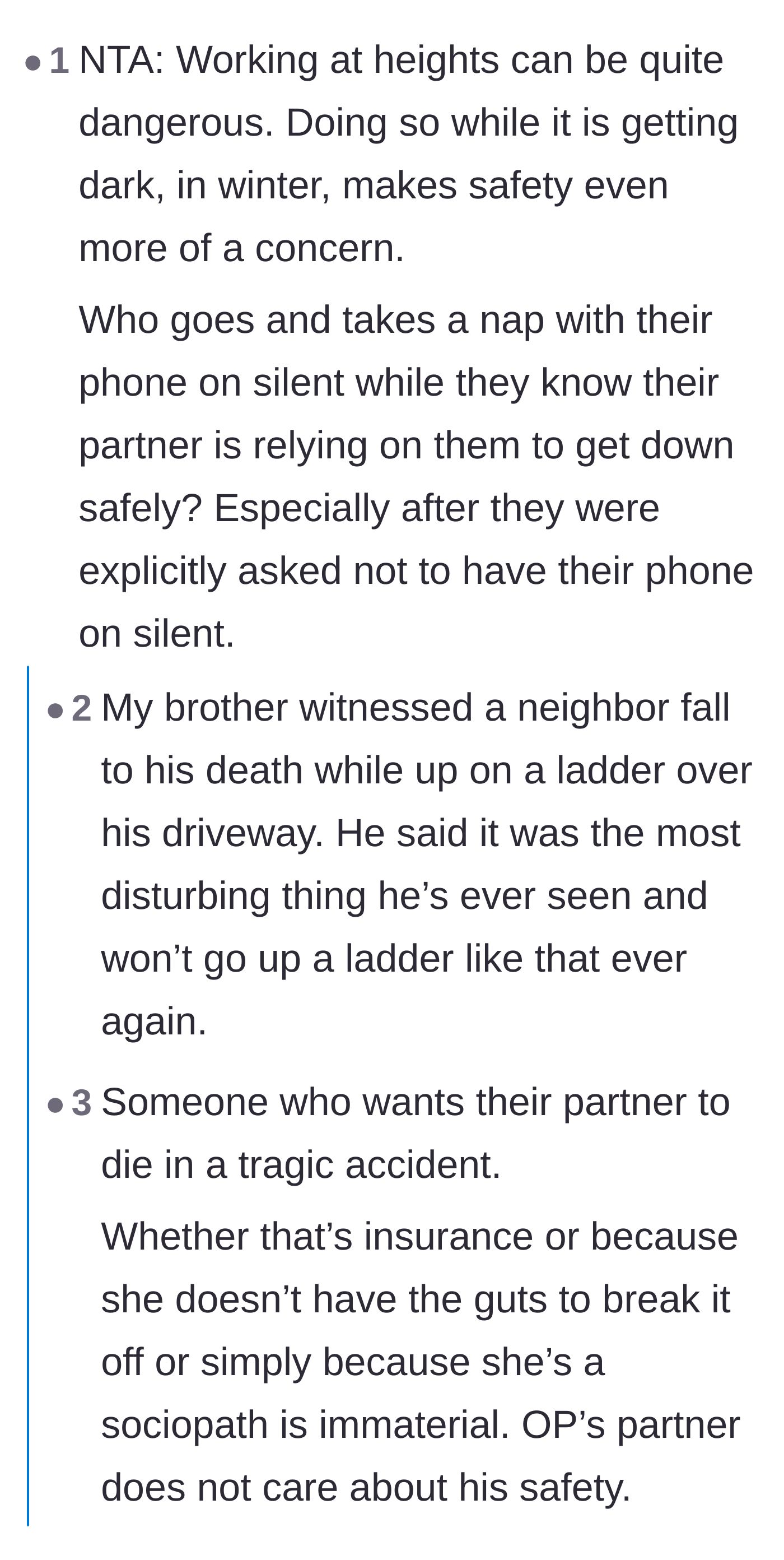 Comment thread 5 - Readers questioning the wife's motives and emphasizing the severe dangers of working at heights in the dark.