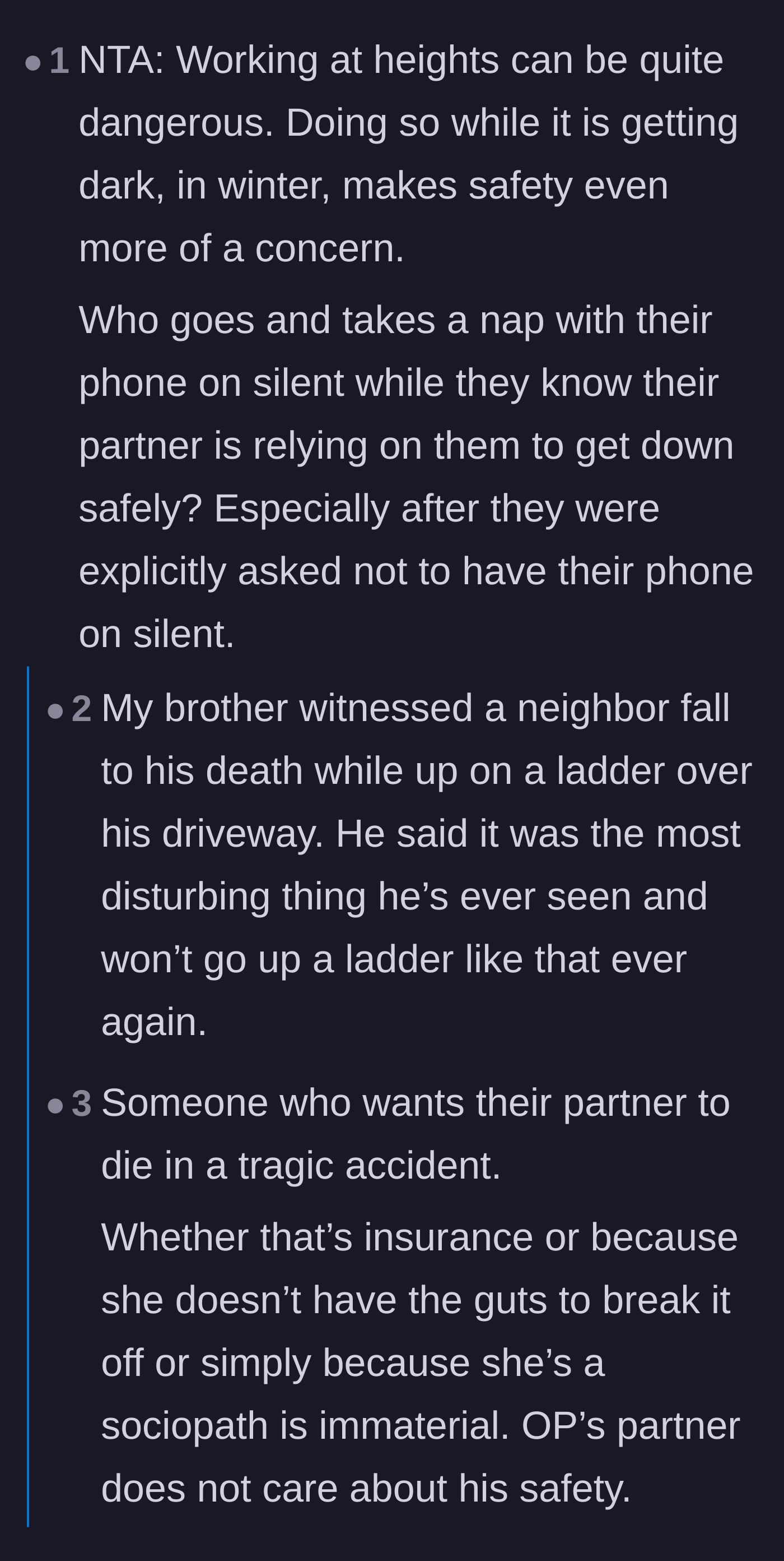 Comment thread 5 - Readers questioning the wife's motives and emphasizing the severe dangers of working at heights in the dark.