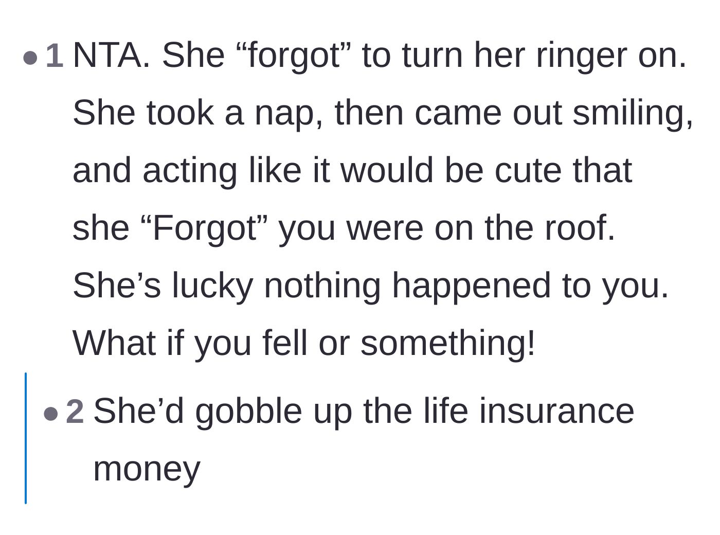 Comment thread 6 - Reactions calling out the wife's dismissive attitude and the chilling mention of life insurance.