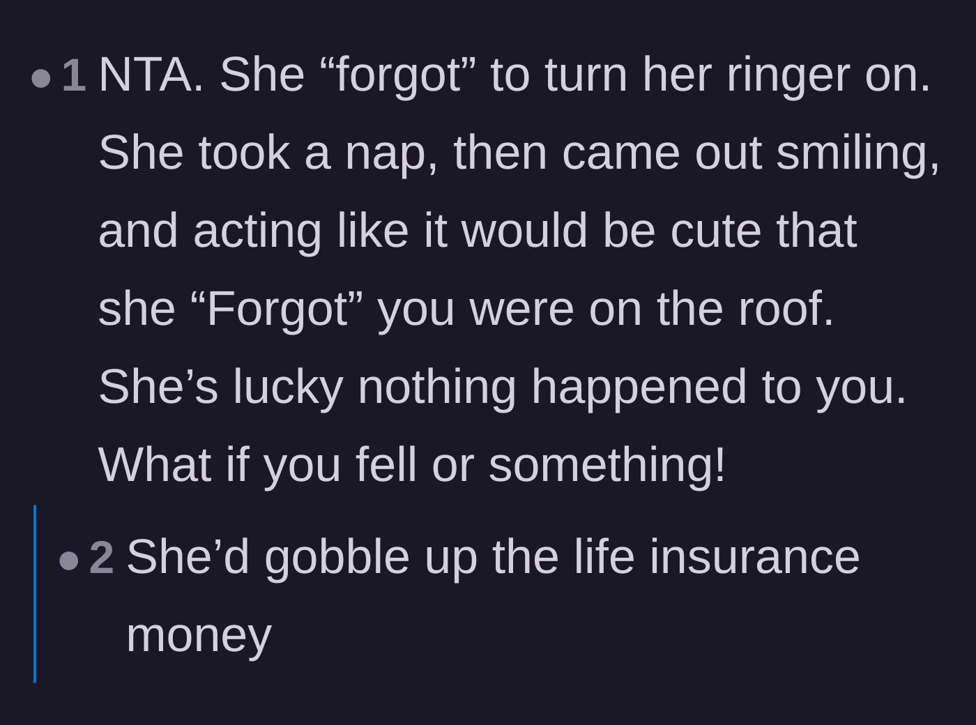 Comment thread 6 - Reactions calling out the wife's dismissive attitude and the chilling mention of life insurance.