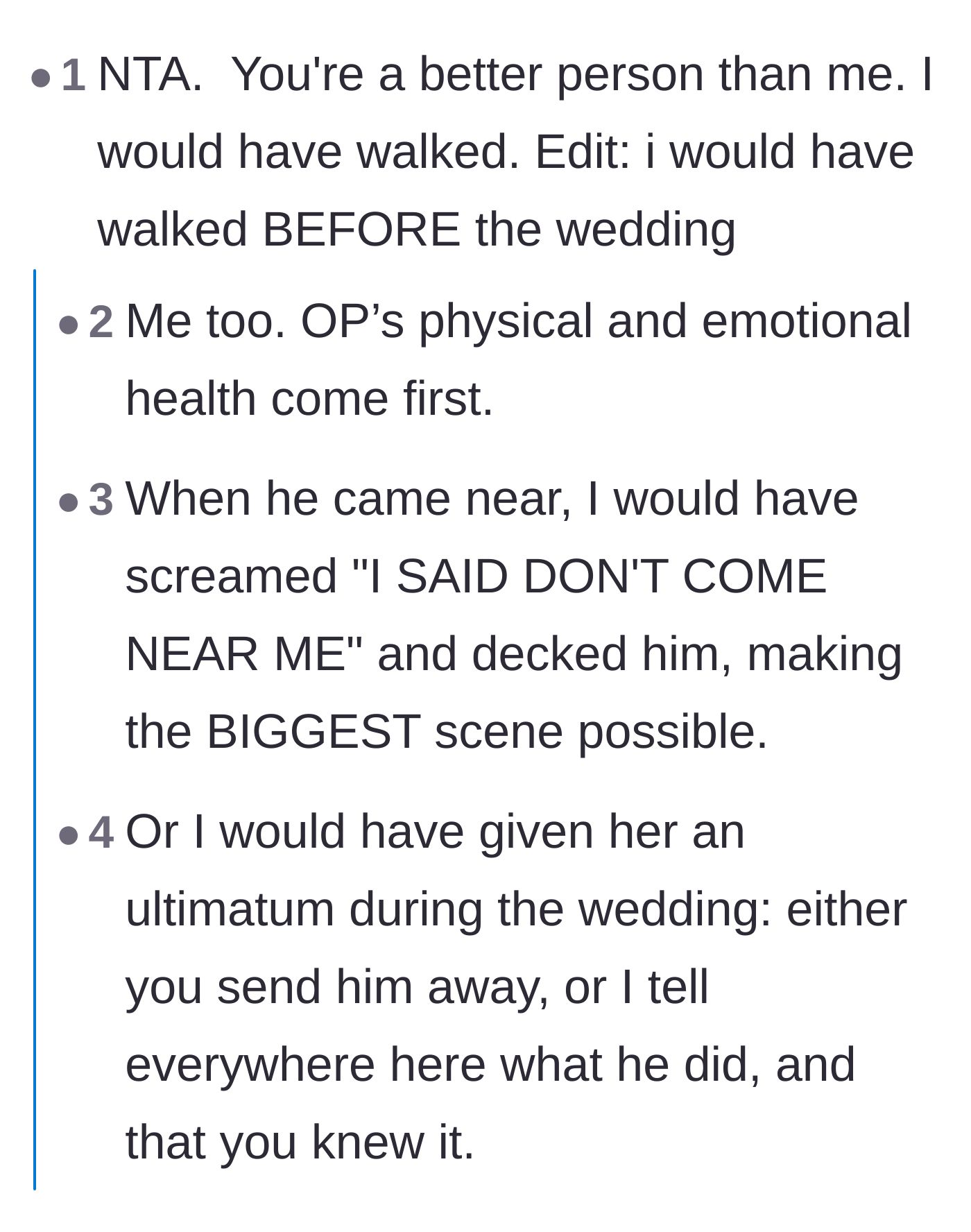 Comment thread 2 - Readers debate how they would have reacted, suggesting dramatic ultimatums or leaving before the wedding even started.