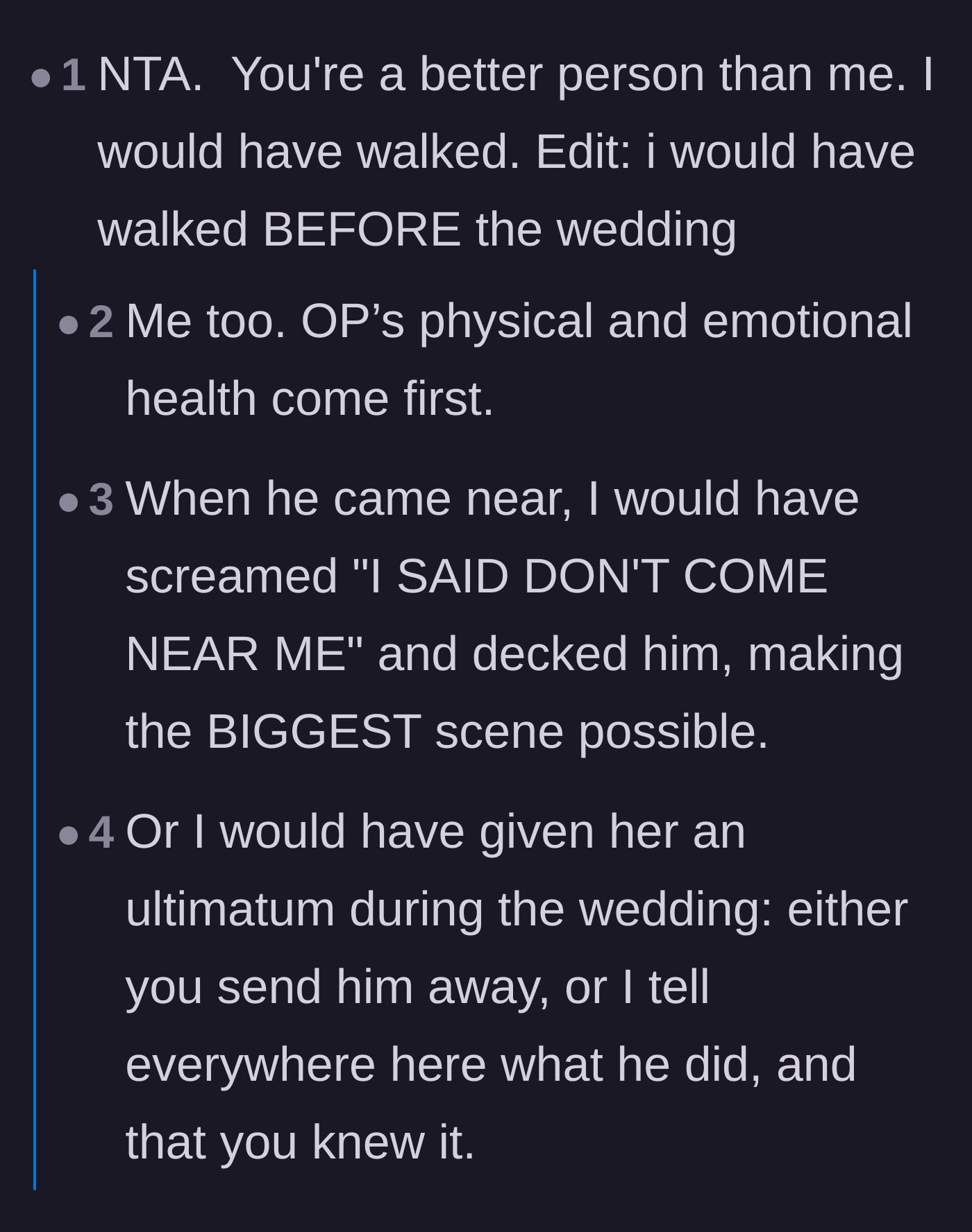 Comment thread 2 - Readers debate how they would have reacted, suggesting dramatic ultimatums or leaving before the wedding even started.
