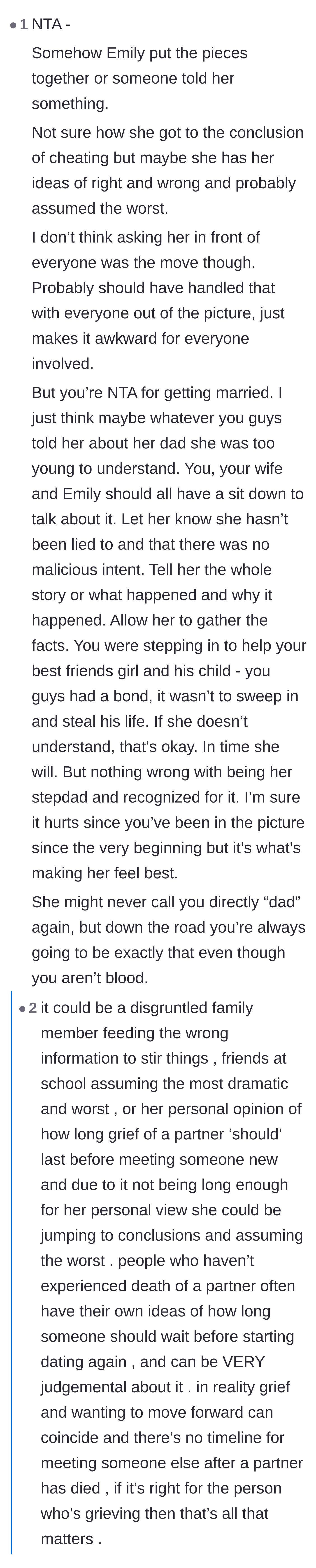 Comment thread 3 - Advice suggesting a calm, private family sit-down to explain the complex timeline of grief and healing.