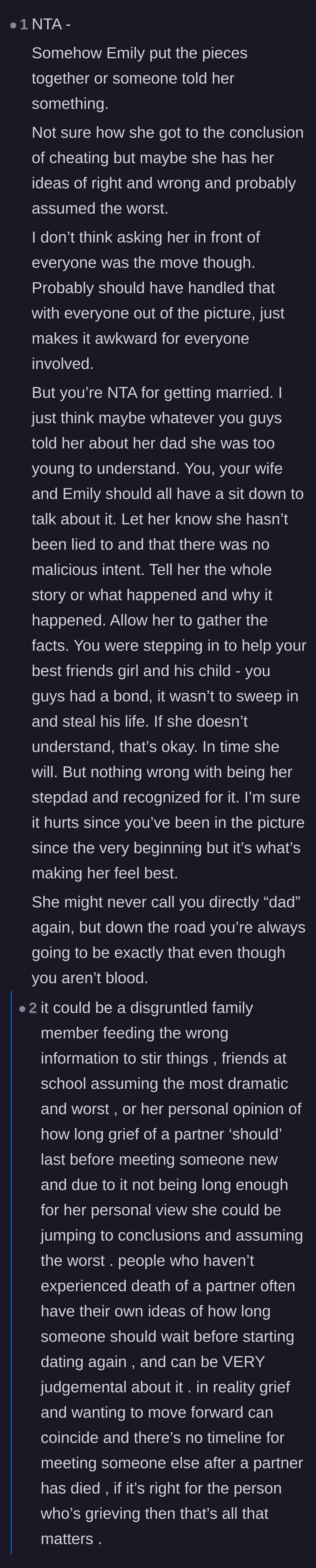 Comment thread 3 - Advice suggesting a calm, private family sit-down to explain the complex timeline of grief and healing.