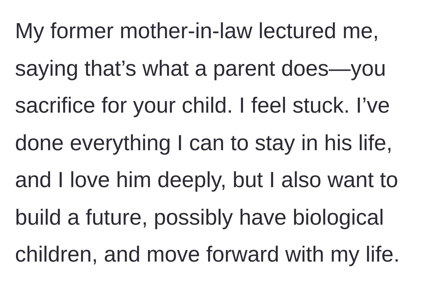 Story part 5 - The mother-in-law lectures the stepmom about parental sacrifice, leaving the stepmom feeling trapped between her love for the child and her desire for a secure future.