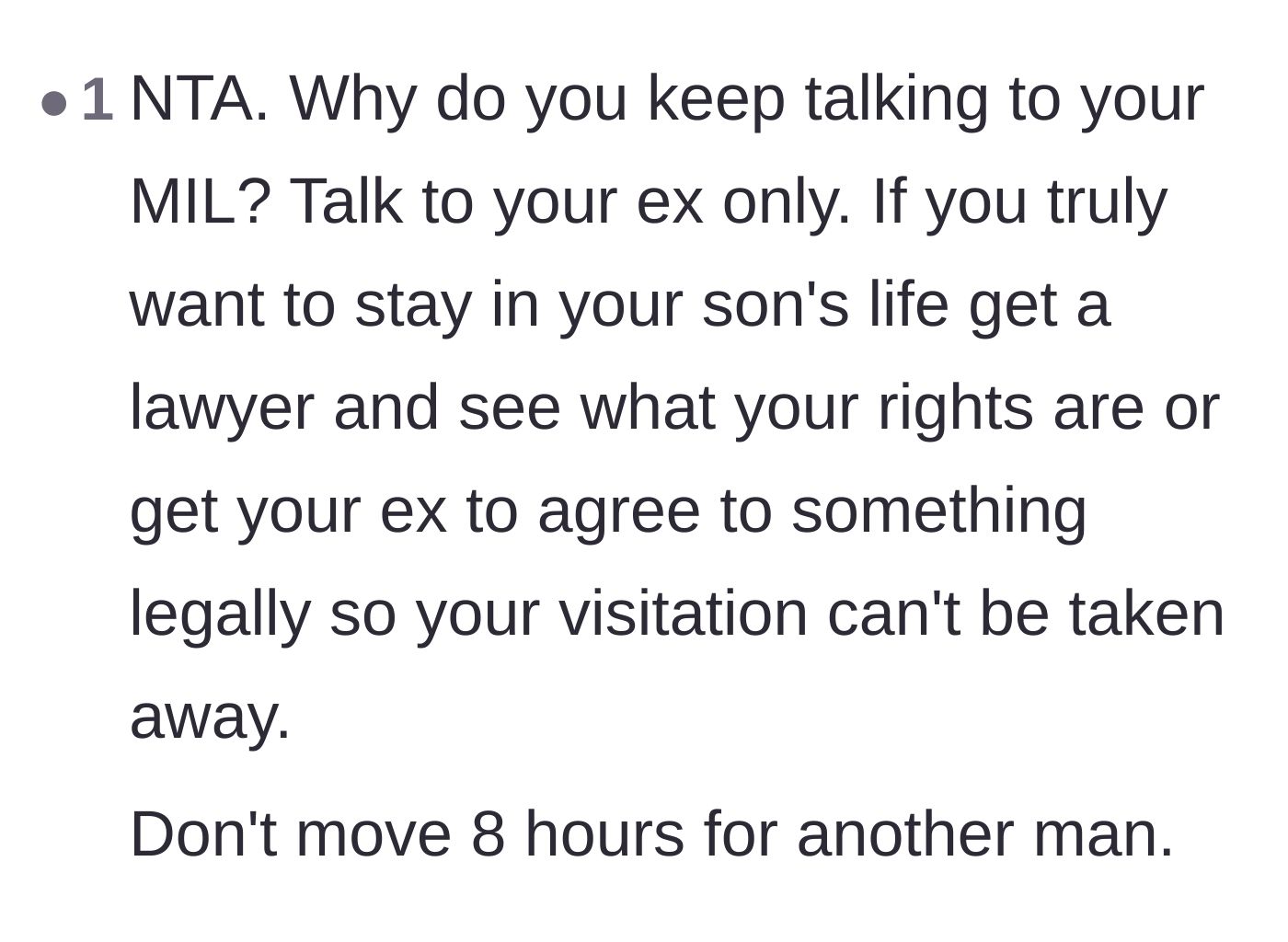 Comment thread 1 - Advice urging the stepmom to only communicate with her ex and secure legal rights instead of moving for a man.