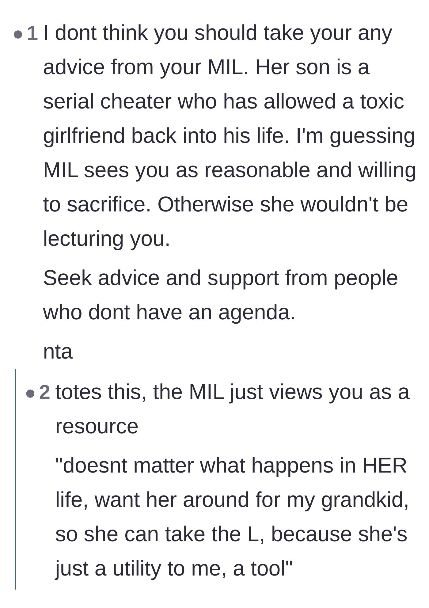 Comment thread 2 - A discussion about how the mother-in-law is only lecturing the stepmom because she views her as a convenient resource for childcare.