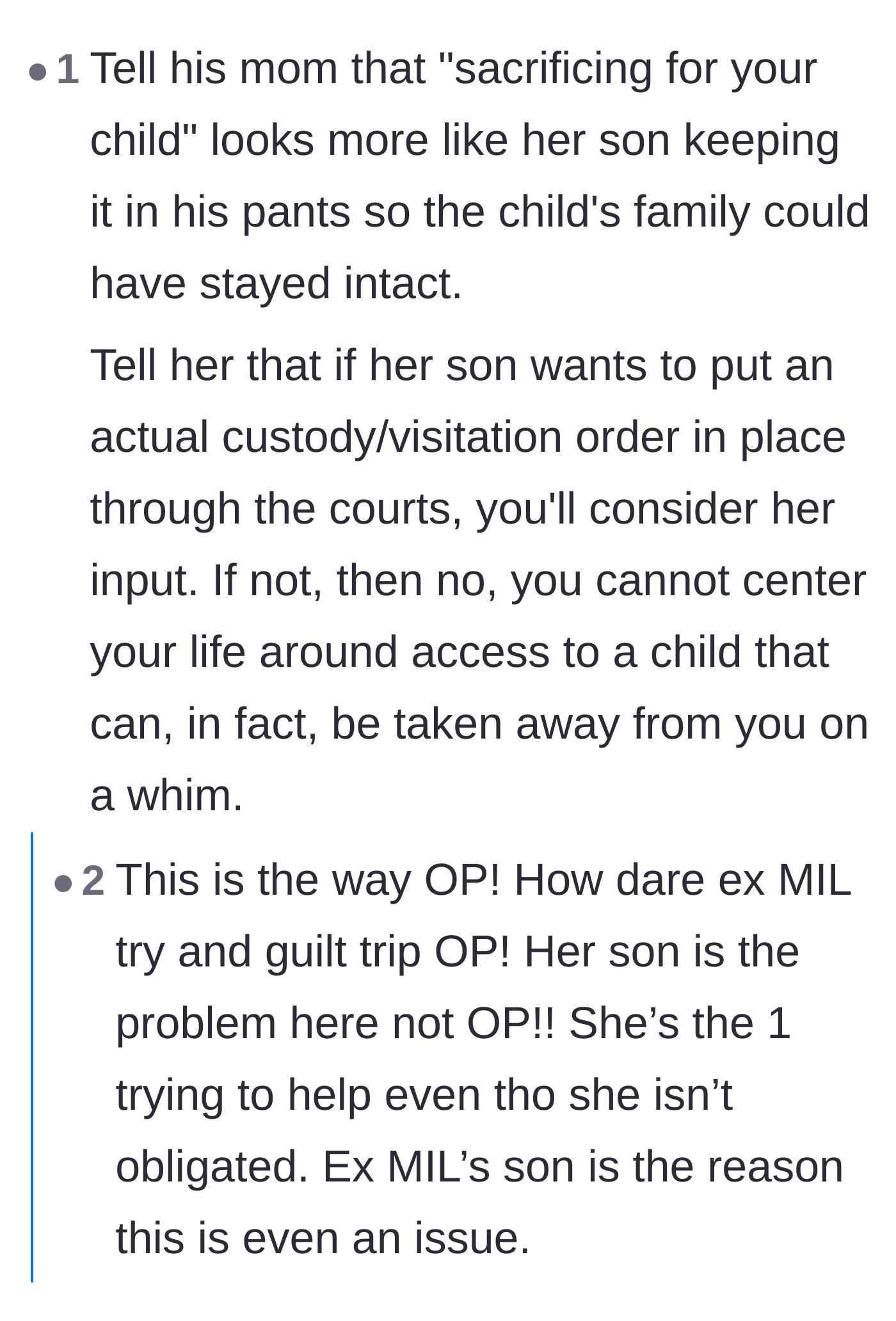 Comment thread 4 - A fiery suggestion to tell the mother-in-law that true parental sacrifice would have been her son choosing not to cheat.
