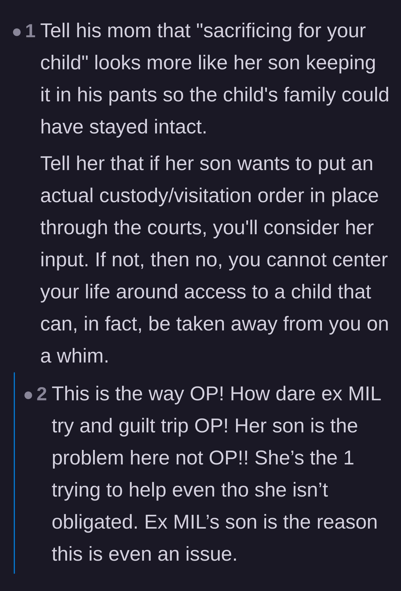 Comment thread 4 - A fiery suggestion to tell the mother-in-law that true parental sacrifice would have been her son choosing not to cheat.