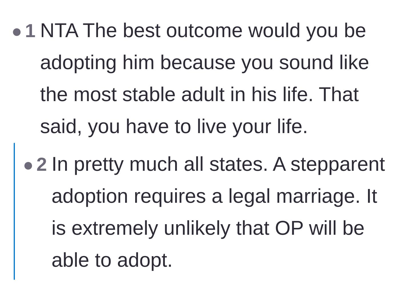 Comment thread 6 - A short exchange about how adopting the child would be the best outcome, though legally impossible at this stage.