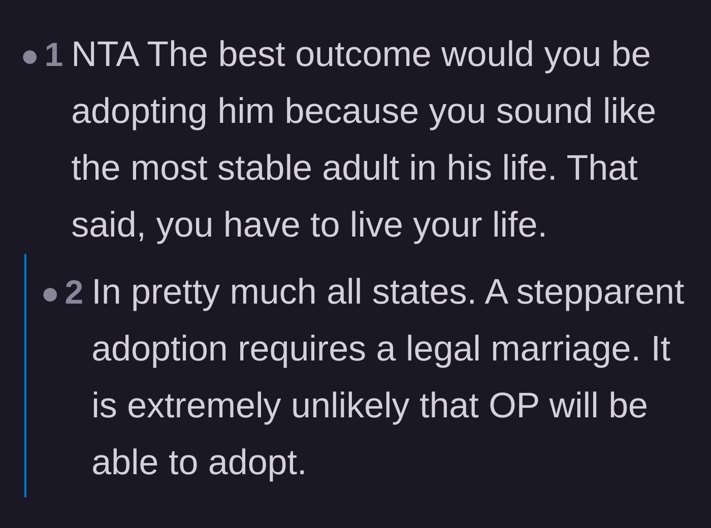 Comment thread 6 - A short exchange about how adopting the child would be the best outcome, though legally impossible at this stage.